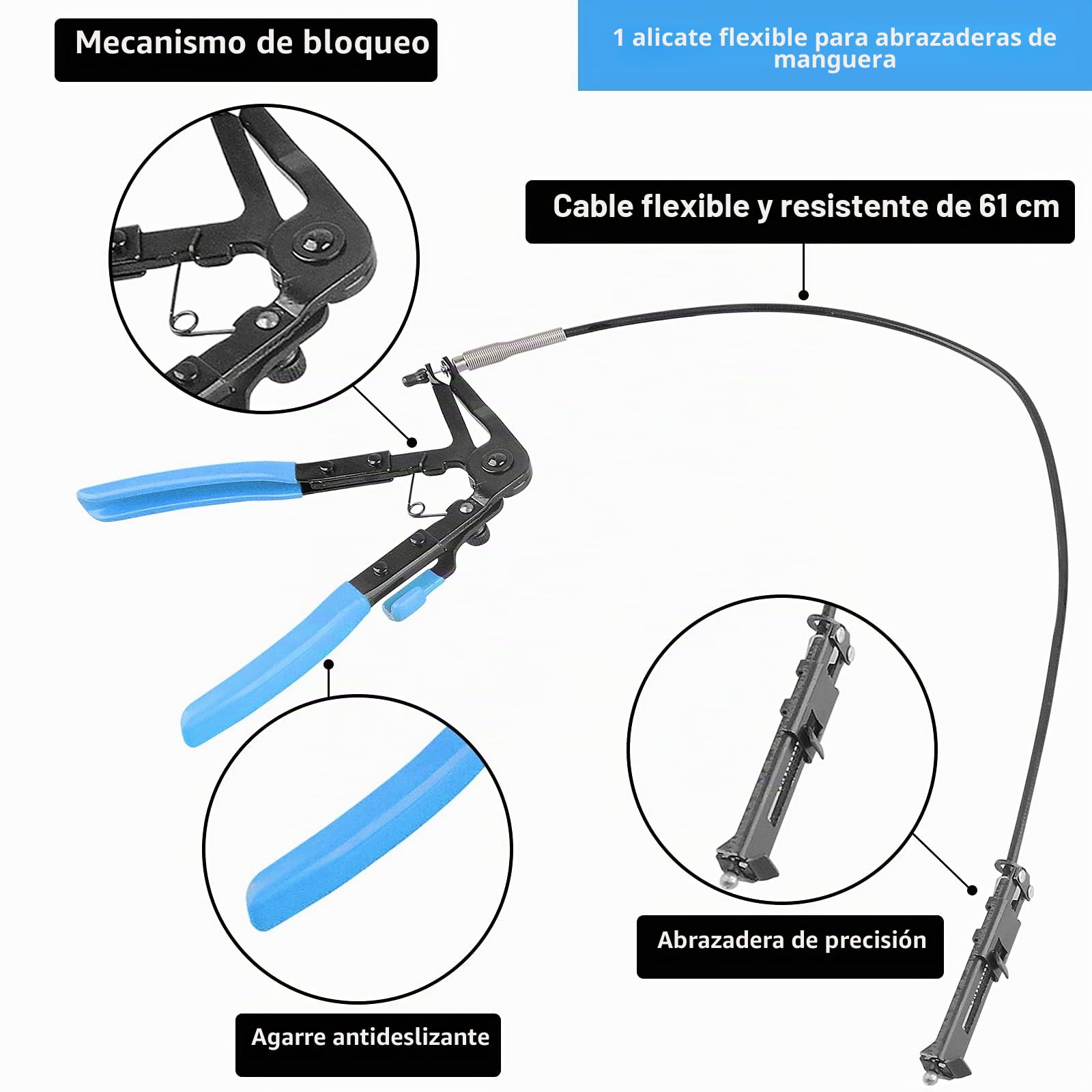 DAYUAN 9 piezas Juego de alicates para abrazadera de manguera (con banda angular y plana para mordaza), herramienta universal de extracción de tubo giratorio, kit de accesorios para automóvil