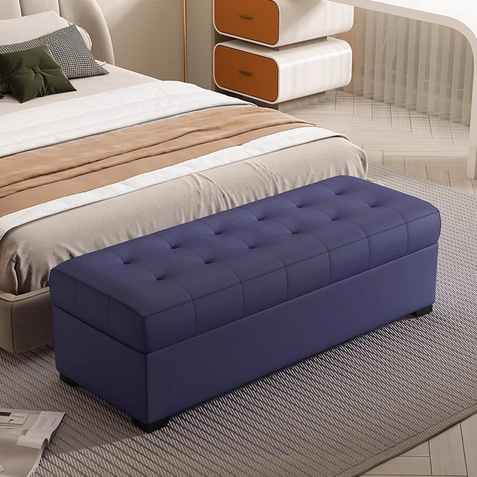Banc bout de lit en cuir capitonné avec coffre pour ranger la chambre