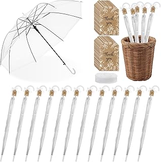 12 Pack Clear Umbrellas Wedding Bulk Transparent Bubble Umbrellas with J Hook Handle Set Included Thank You Cards White Ribbon for Guests Women's Wedding Bridal Parties Gifts Supplies