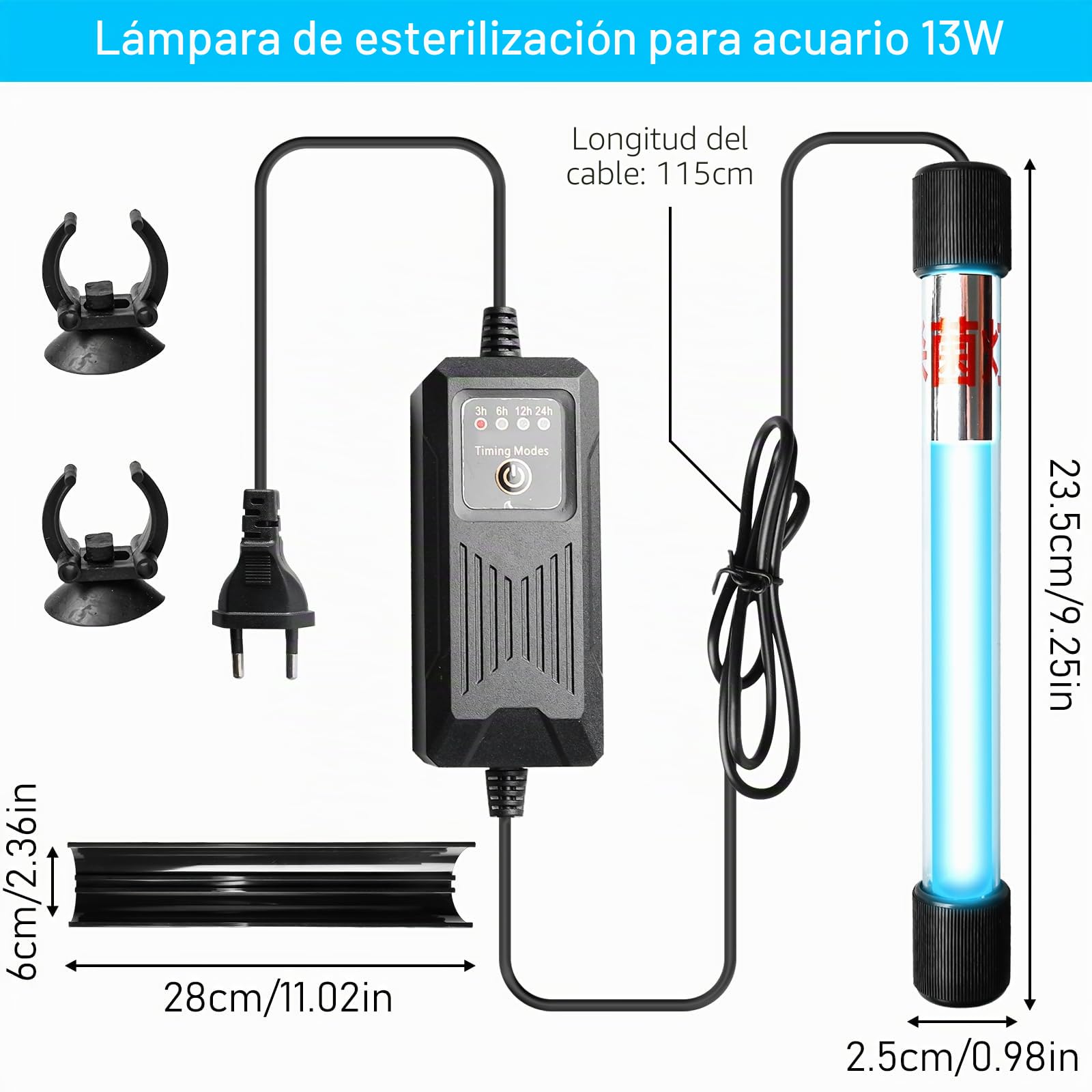 Lámpara esterilizadora UV para acuarios con temporizador de 13 W: Aclarador de agua UV para acuarios contra algas y bacterias, luz UV para piscinas de filtro, estanques, acuarios, lámpara de limpieza