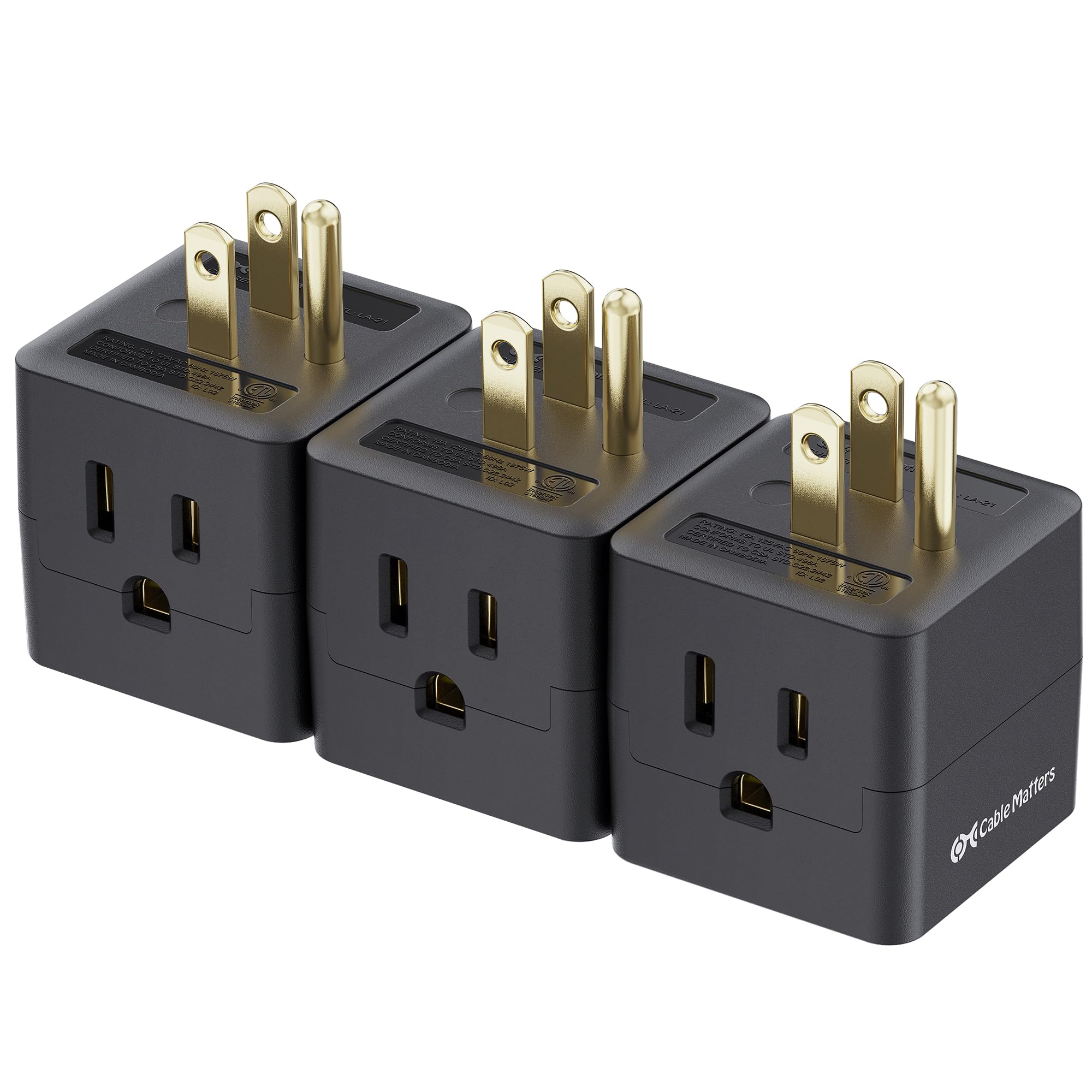 Photo 1 of [ETL Listed] Cable Matters 3-Pack 3 Outlet Wall Adapter (Grounded Cube Tap, Outlet Splitter, 3 Way Plug Adapter, 3-Prong Power Splitter), Black