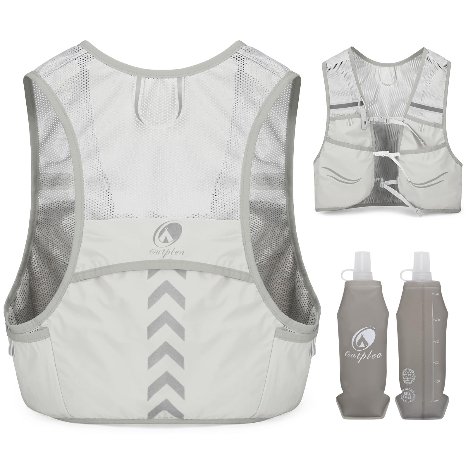 Outplea Breathable Reflective Running Vest with 2 pcs Soft Water Bottle for Men Women, Ultralight Hydration Vest for Jogging Trail Running Cycling Race Marathon, Grey/M โ image 1