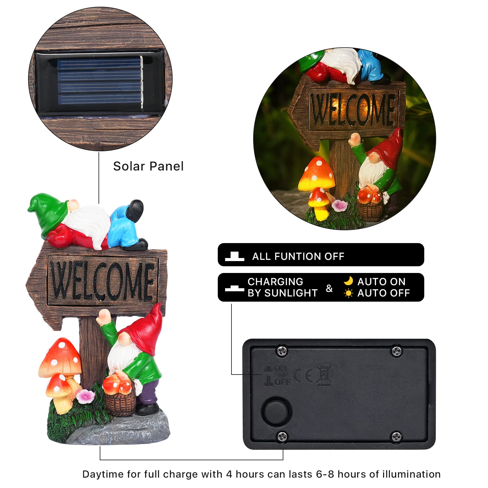 Statuettes de nain de jardin solaires avec panneau de bienvenue - Sculptures et statues de nains de jardin en résine de 30 cm pour terrasse, balcon, cour, pelouse, cadeau de pendaison de crémaillère