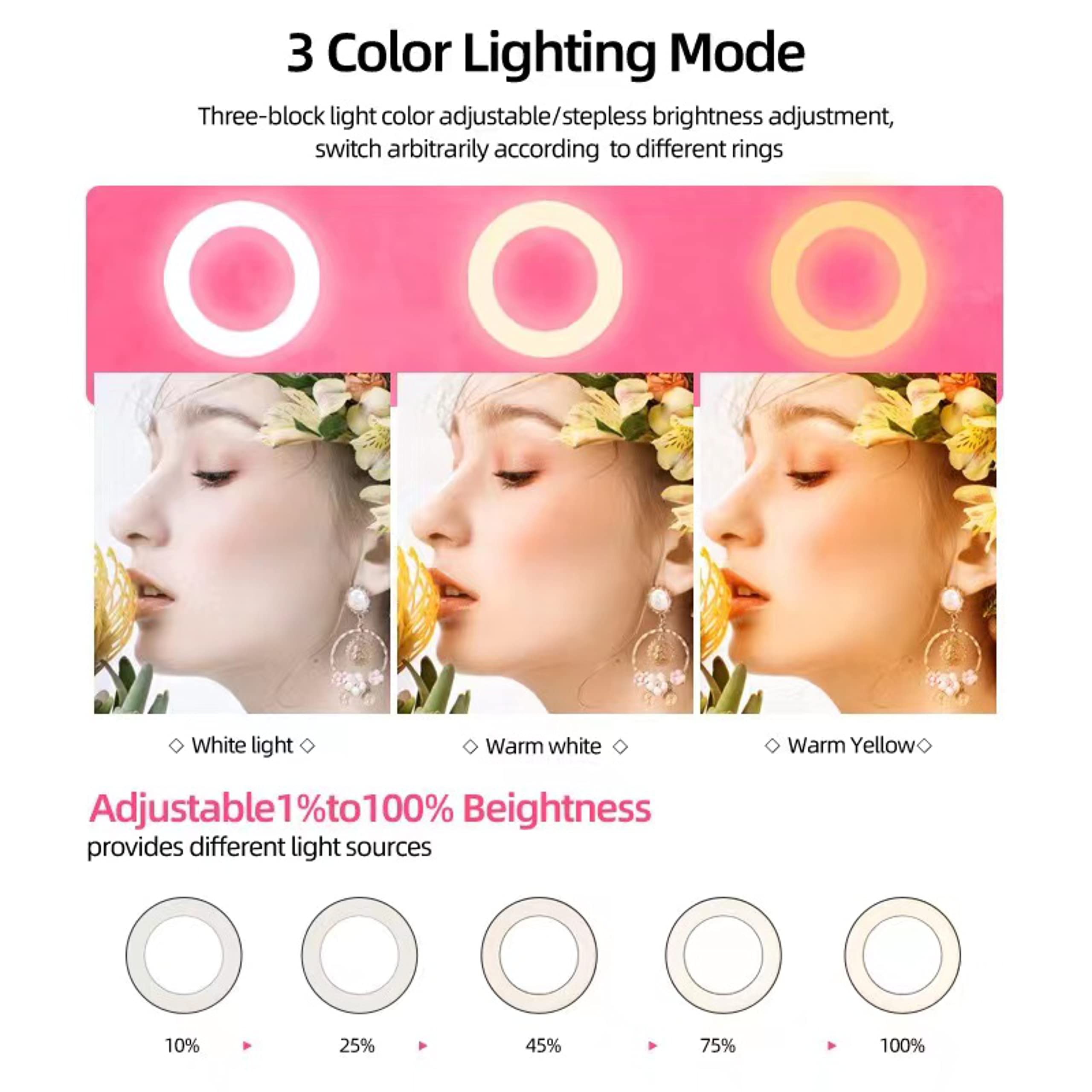 Anneau Lumineux LED,10 Pouces à intensité variable avec trépied et support pour téléphone portable, 8 couleurs / 10 niveaux de luminosité,pour selfie, maquillage, Tik Tok, Live Streaming