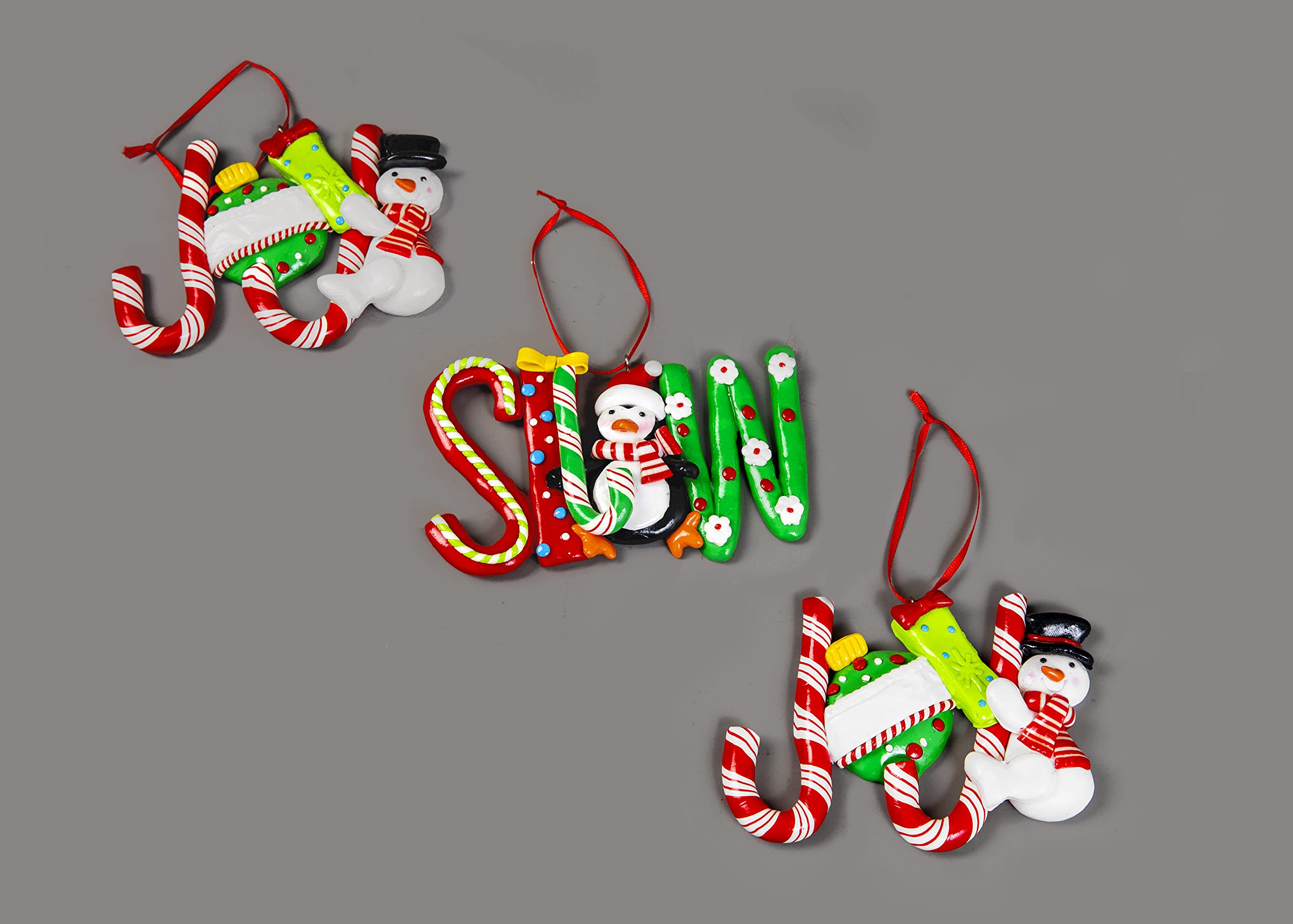 Christmas Tree Hanging Words Snow Joy Noel Decorated with Candy Cane Santa Snowman Penguin Xmas Tree Wall Home Décor Ornaments 3pcs Set