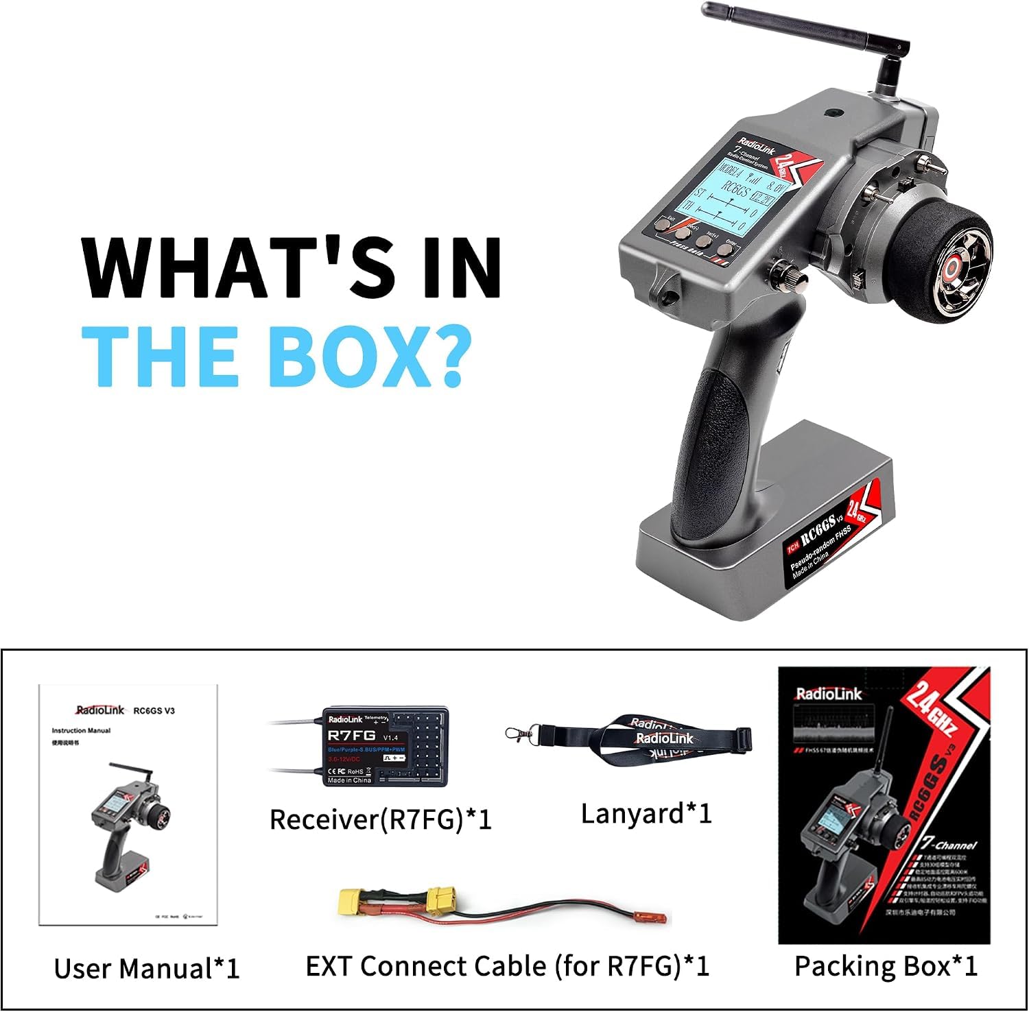 Radiolink RC6GS V3 2,4 GHz 7-Kanal-RC-Fernsteuerung und R7FG-Gyro-Empfänger | RC-Fernsteuerung mit Empfänger-Set, 600 m Reichweite, RC-Fernbedienung mit und Empfänger-Set für RC-Autos/Boote