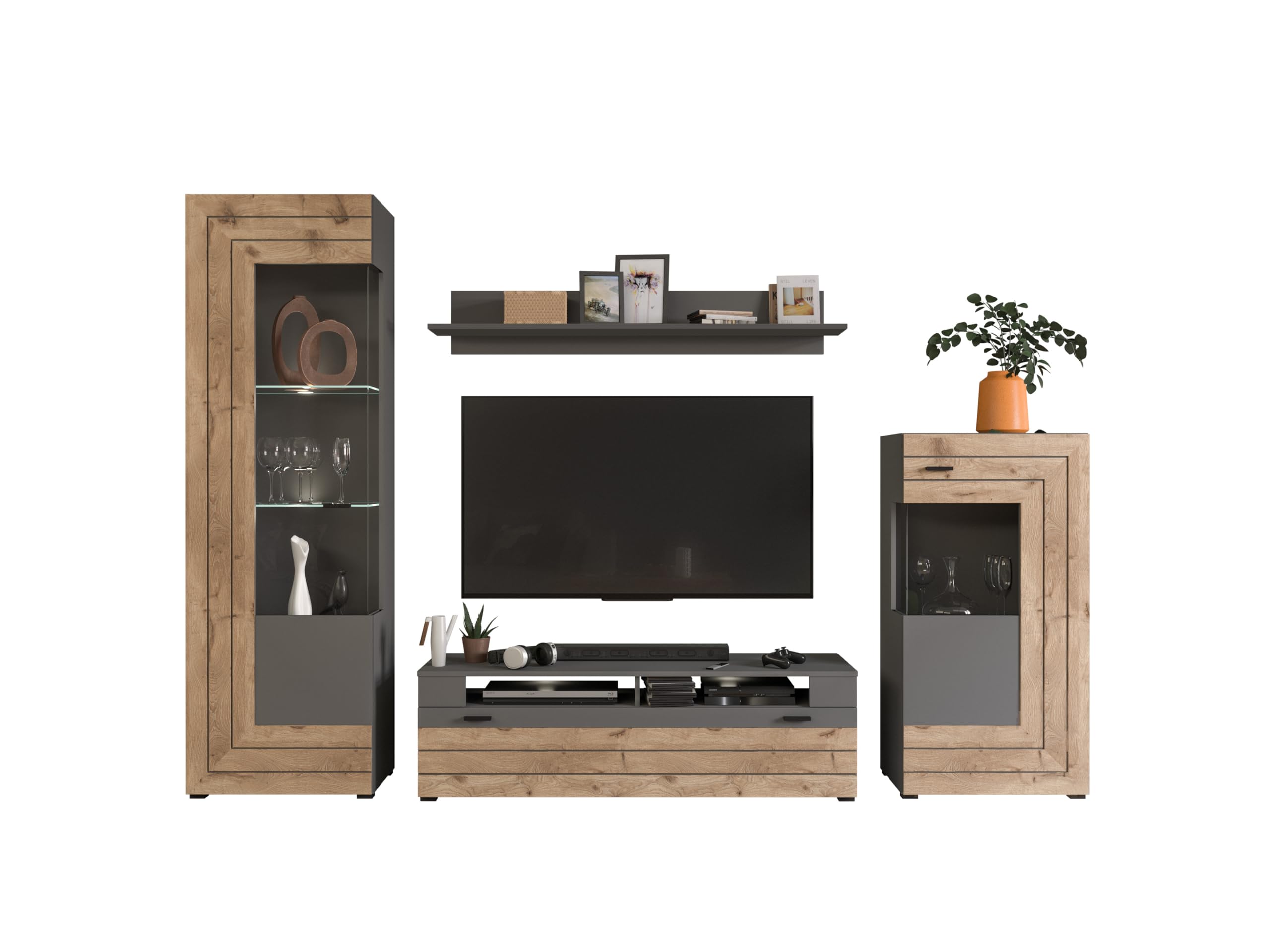 xonox.home - 4tlg. Kombination Freno 40x290x194 cm in grau Nb Absetzung Nox Oak Nb - Wohnkombination Wohnwand Wohnzimmermöbel Wohnzimmerschrank - modern und funktional