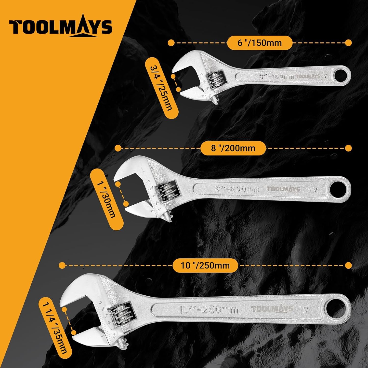 Adjustable Wrench Set Forged, 6", 8" Heat Treated, Chrome-plated Wrench Set Max jaw capacity 1-3/16"