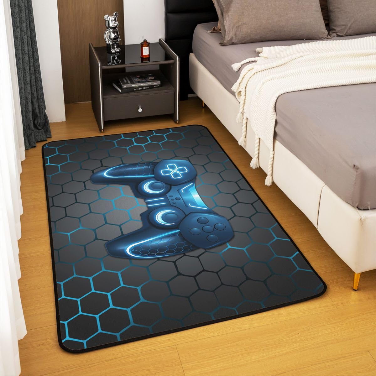 Tappeto per soggiorno con controller di gioco, 150 x 200 cm, motivo a nido d'ape, per camera da letto, per ragazzi e ragazze, motivo videogiochi, decorazione per la casa