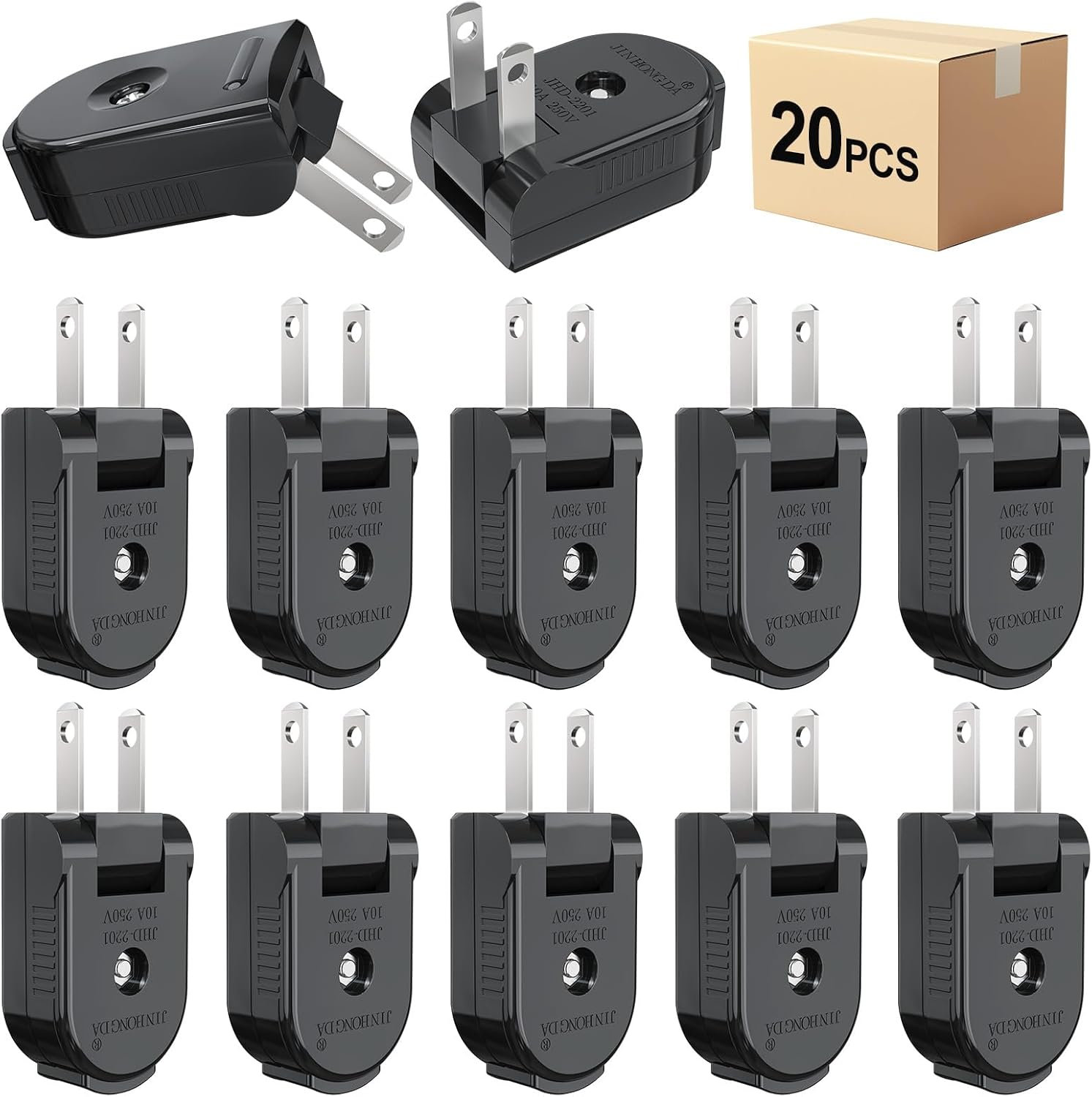 Extension Cord Replacement Male Power Plug, 2 Prong, 125V/10A, Non-Grounding, Ideal for Small Appliances Such as Power Strips & Lamps & DIY Projects, 20-Pack, Black