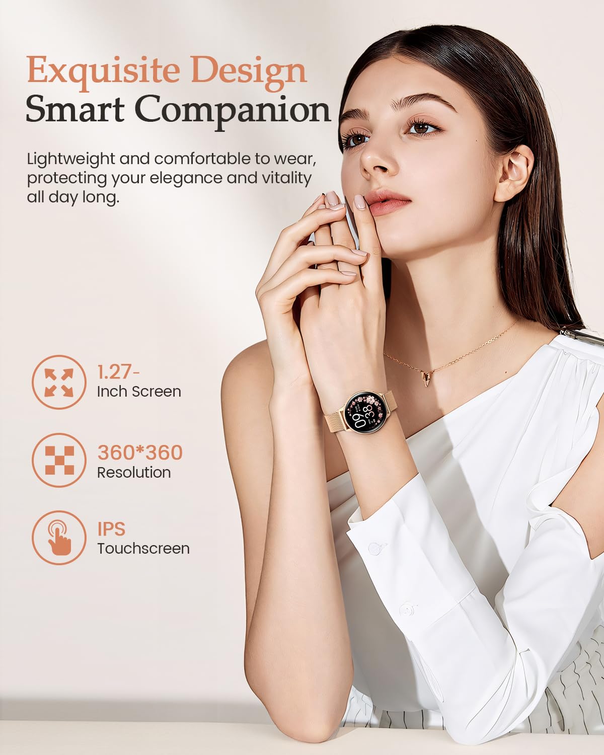 Smartwatch Damen, 1.27" HD Fitnessuhr mit Telefonfunktion, Menstruationszyklus, 120+ Sportmodi, 24H Pulsuhr, 24H SpO2, Schlafmonitor, Kalorien, Fitness Tracker, IP68 iOS Android Roségold