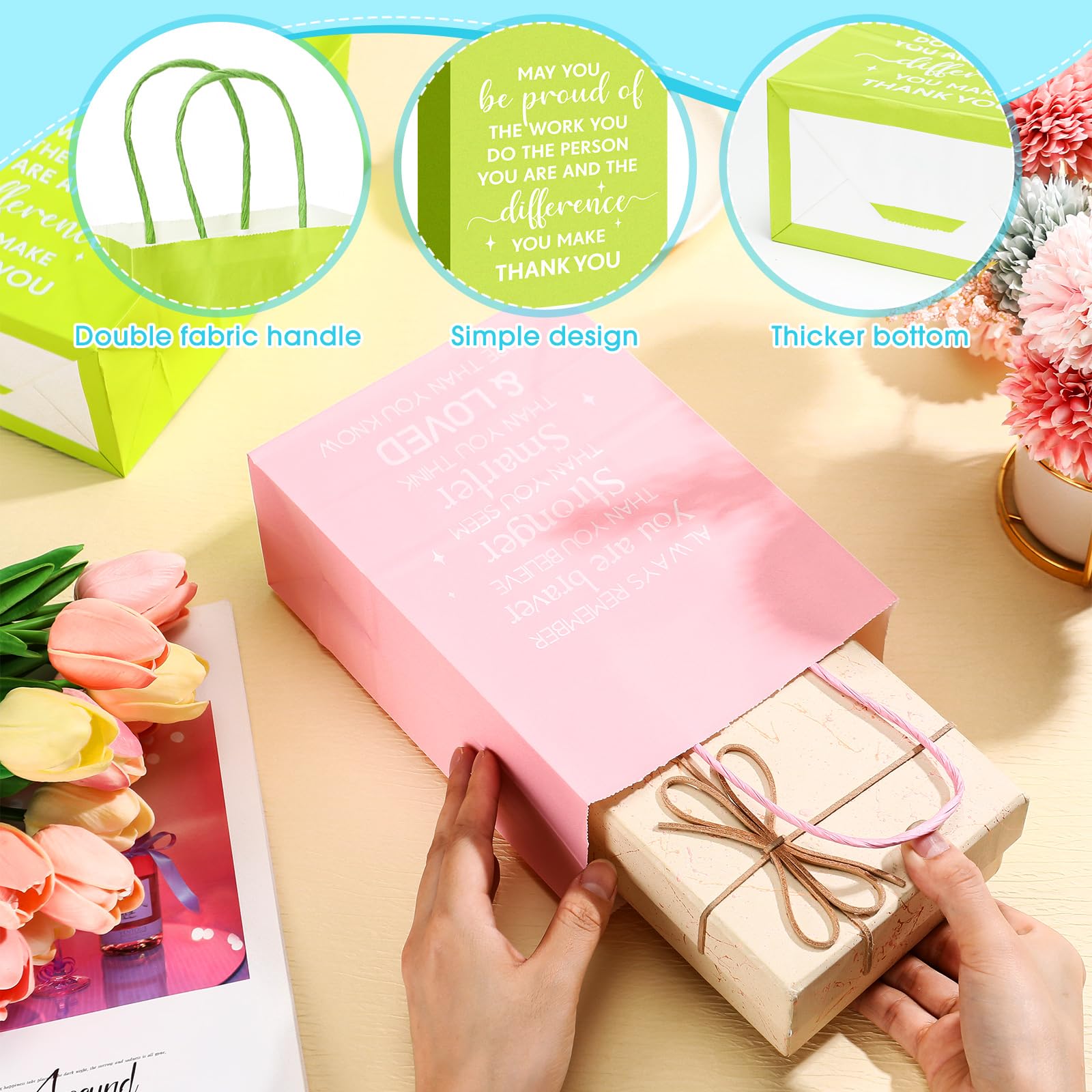 Engrowtic Confezione da 100 sacchetti regalo di ringraziamento natalizi con manici, 20 x 7,9 x 15,2 cm, mini sacchetti di carta kraft per apprezzamento dei dipendenti, piccoli sacchetti per bomboniere