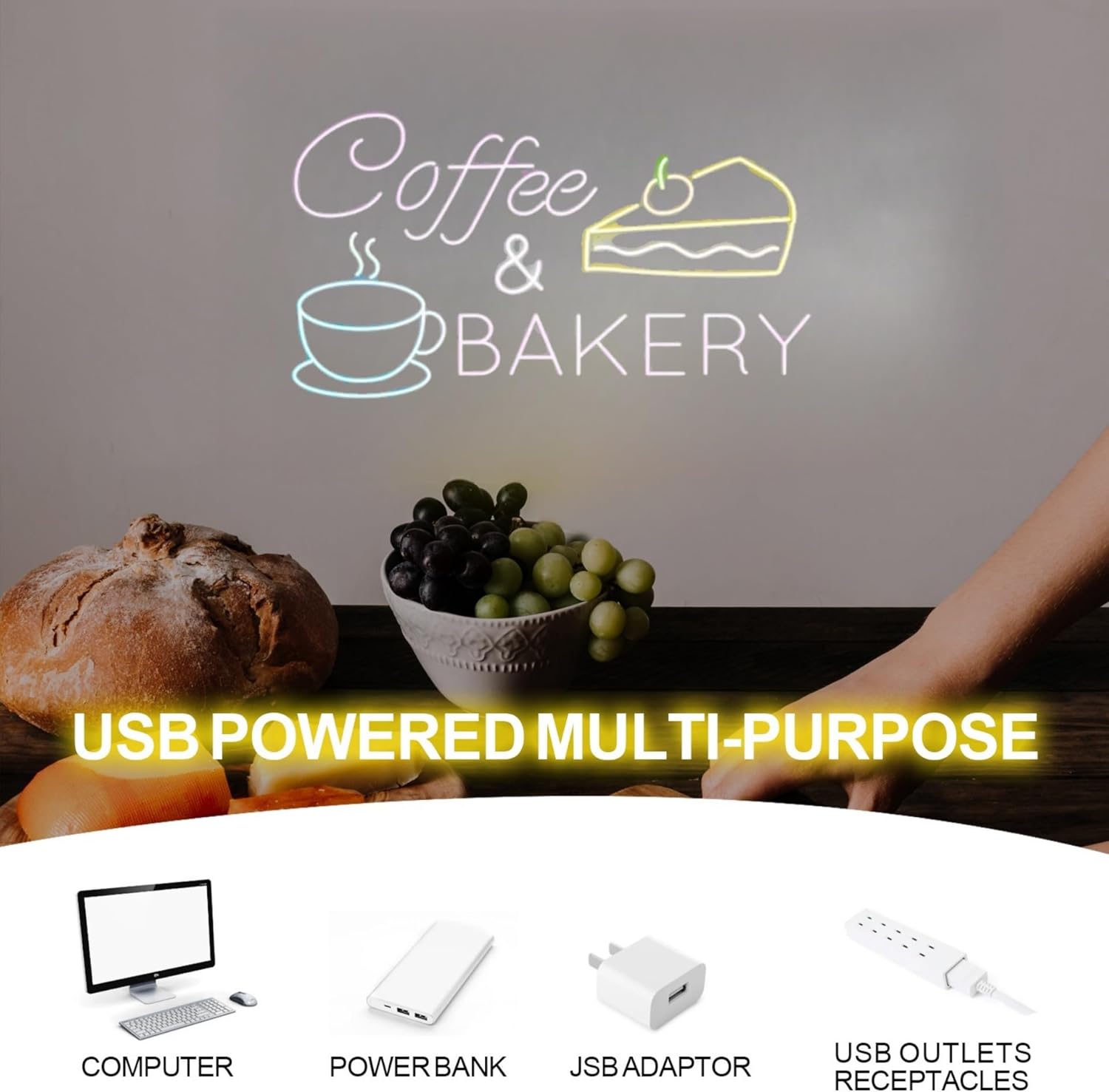 Coffee & Bakery Led Sign, Open Cake Bakery And Coffee Shop Neon Sign, Food Store Wall Art Light, Cake Wall Decor For Family Party Restaurant Bar Hotel Birthday