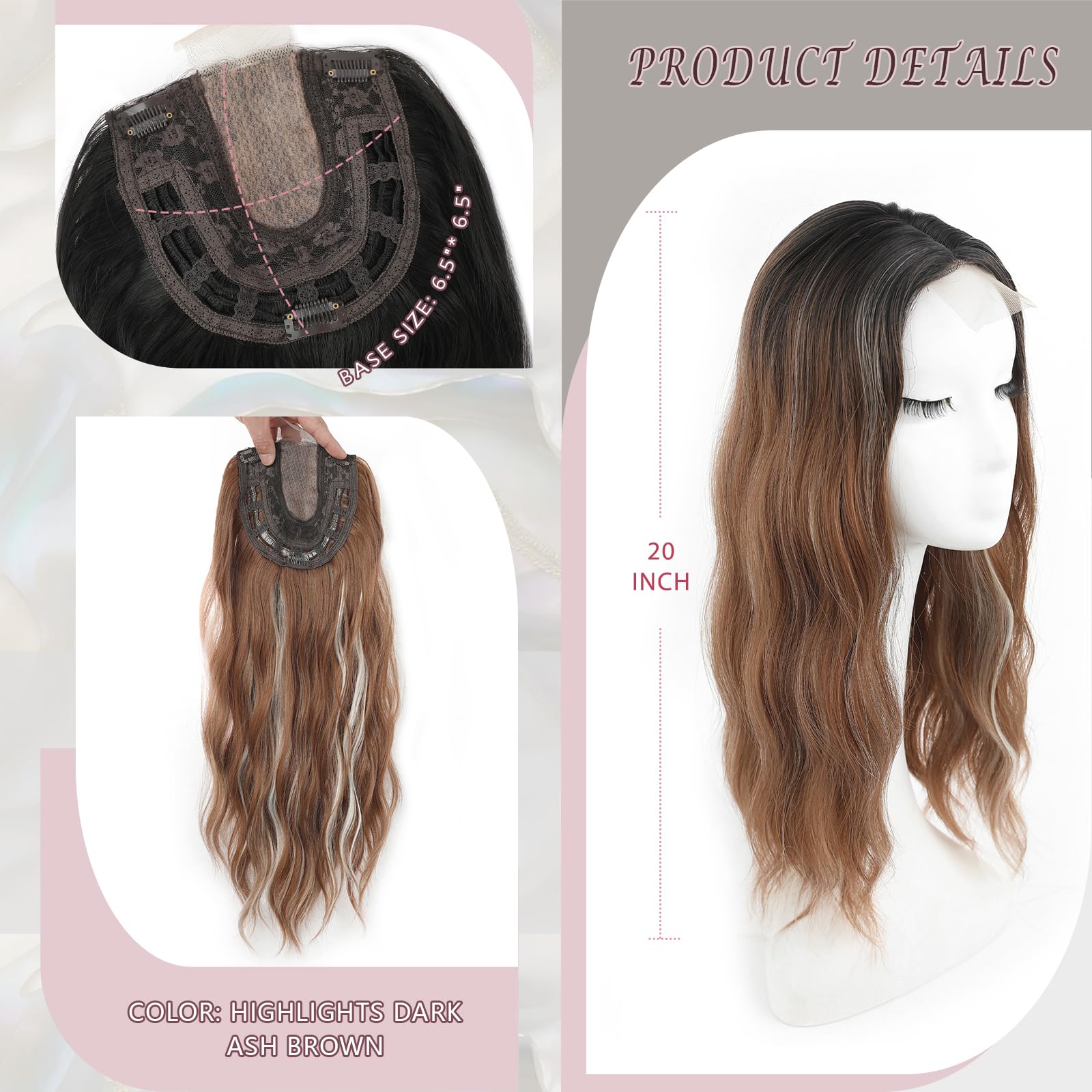 20 Inch Hair Toppers For Women Long Wavy Curly Hair Topper Darkest Brown Clip In Synthetic Wiglets Hair Pieces For Women (Highlights Brown with Dark Root - Image 4