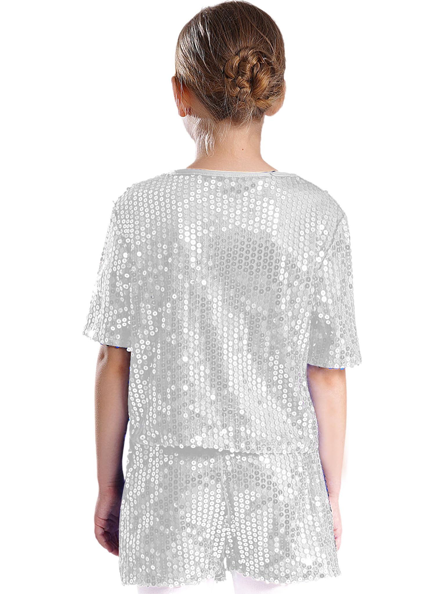 TTAO Kids Girls Sparkle Sequins Modern Dancing Clothes Hip Hop Jazz Performance Costume Dancewear Silver 5-6 Years