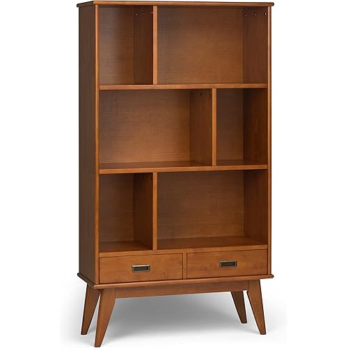 SIMPLIHOME Draper SOLID HARDWOOD 35 Inch Mid Century Modern Wide Bookcase and Storage Unit in Teak Brown, For the Living Room, Study Room and Office
