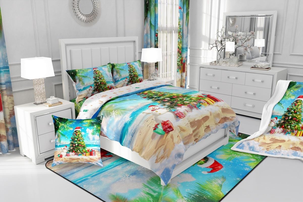 Hawaii Beach Duvet Cover Set Queen,Christmas Tree Snowman Bedding Set Kids Girls Boys Room Decor,Ocean Xmas Theme Comforter Cover 3Pcs,Palm Tree Coast Merry Christmas Bedspreads Cover,2 Pillowcases