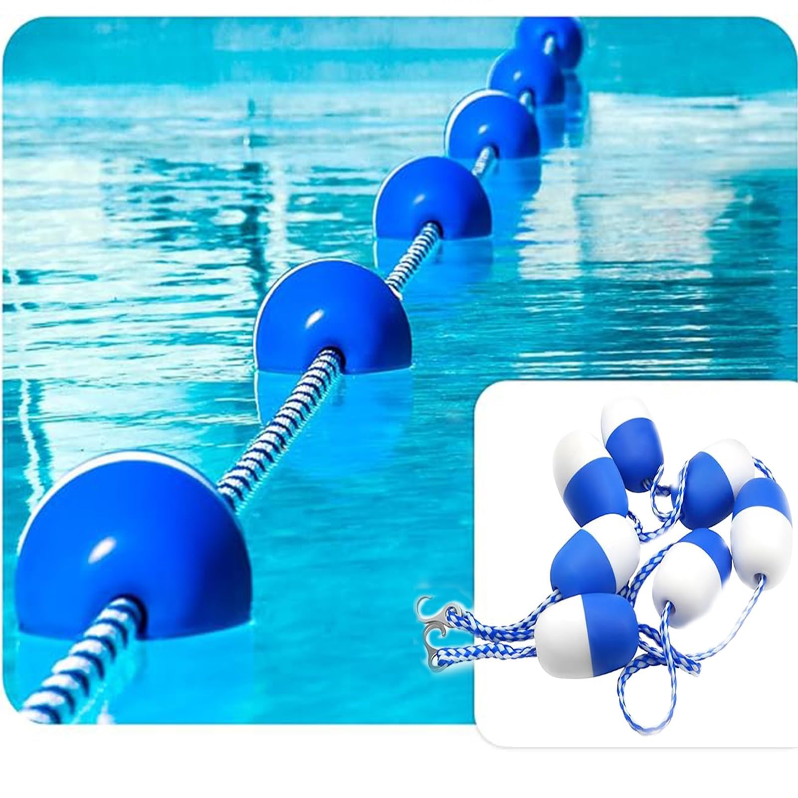 Verstellbares Sicherheitsseil mit Schwimmkörpern zur Tiefenmessung in Schwimmbecken – Schwimmbojenleine, Sicherheitstrennseil und Schwimmleine mit 18 vormontierten Edelstahlhaken, 26 m (85 Fuß)