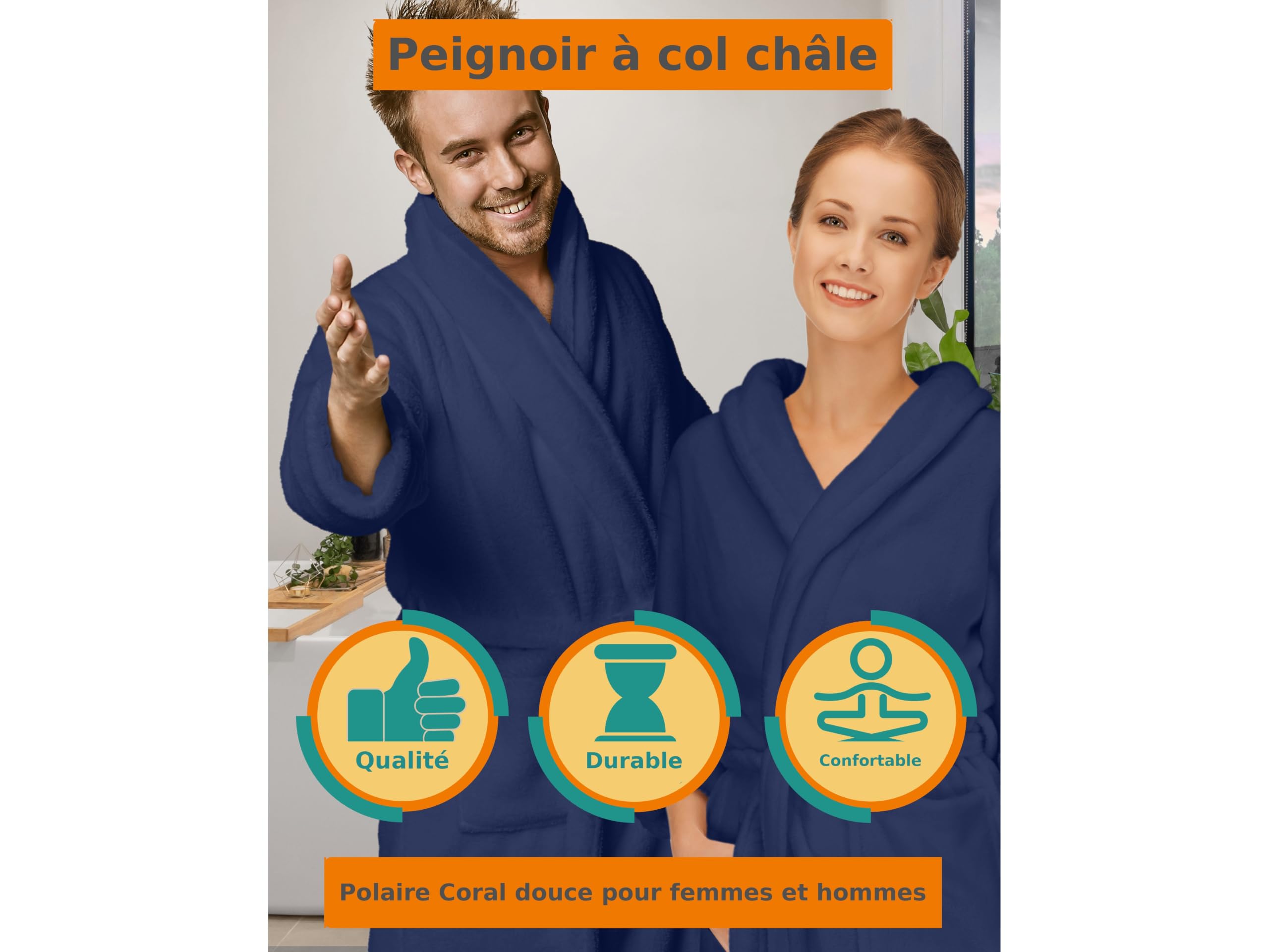 npluseins Peignoir de bain en polaire moelleuse avec col châle – Femme & Homme, XXL, Marine