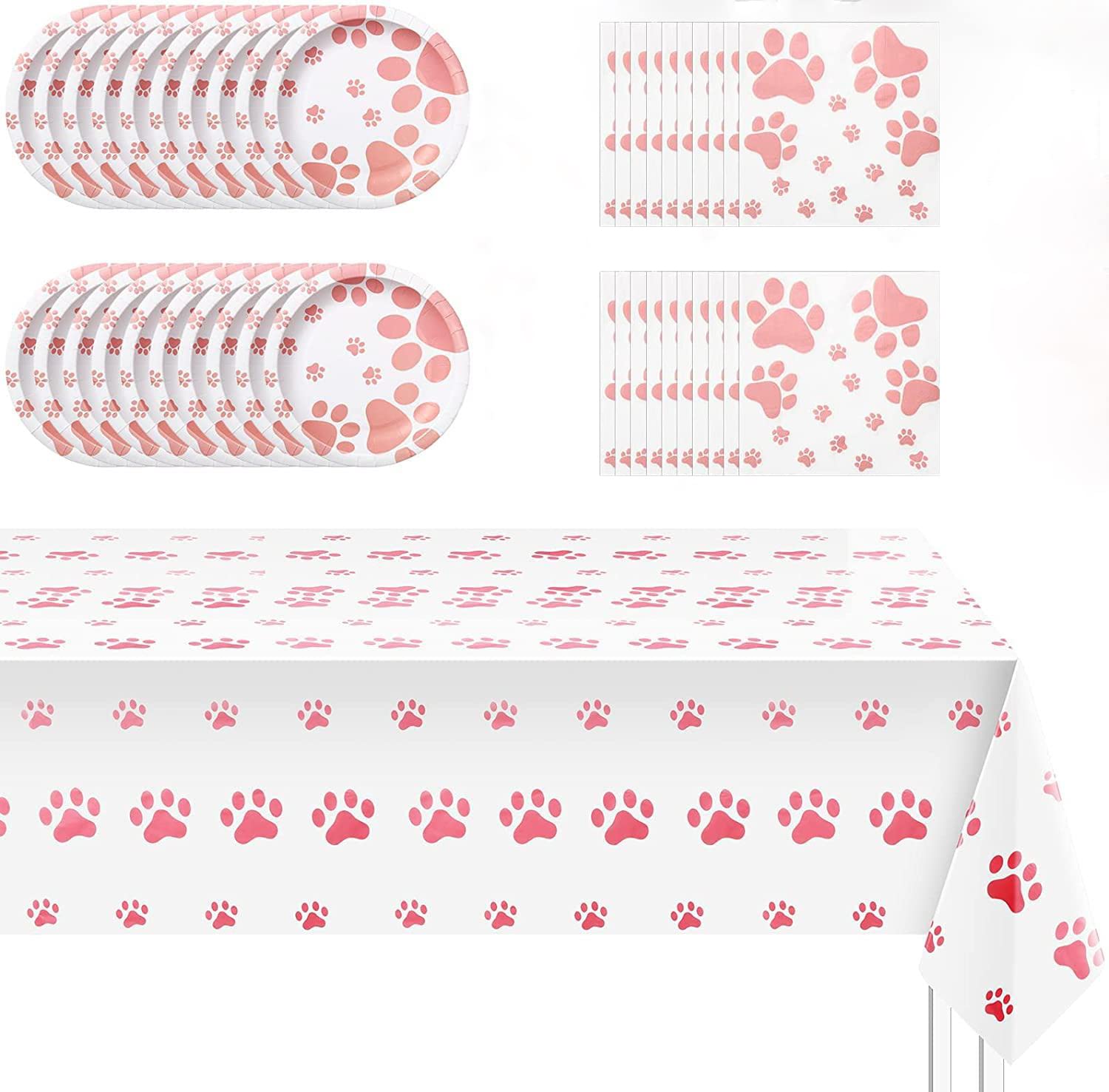 Dog Pet Birthday Decorations Party Supplies Includes 20 Paper Plates 20 Napkins 1 Tablecloth Pink Puppy Party Supplies Puppy Theme Birthday Party Decoration for Dog Theme Birthday Shower Party