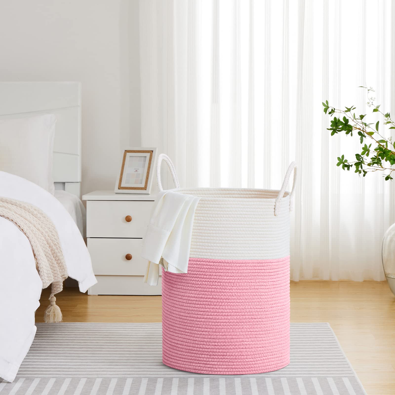 VIPOSCO Grote vuile wasmand met leren handvat, opbergmand van geweven touw voor dekens, speelgoed in de woonkamer, badkamer, slaapkamer, 100 l, wit en