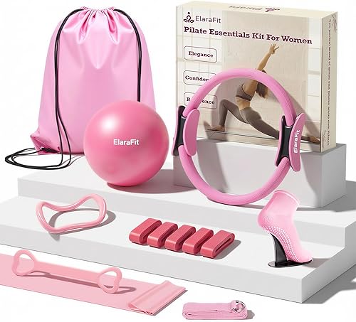 Home Pilates Ring and Ball Set for Women with 5 Resistance Bands 13 inch Magic Circle Workout Essentials Starter Kit for Beginners, Full Body Toning