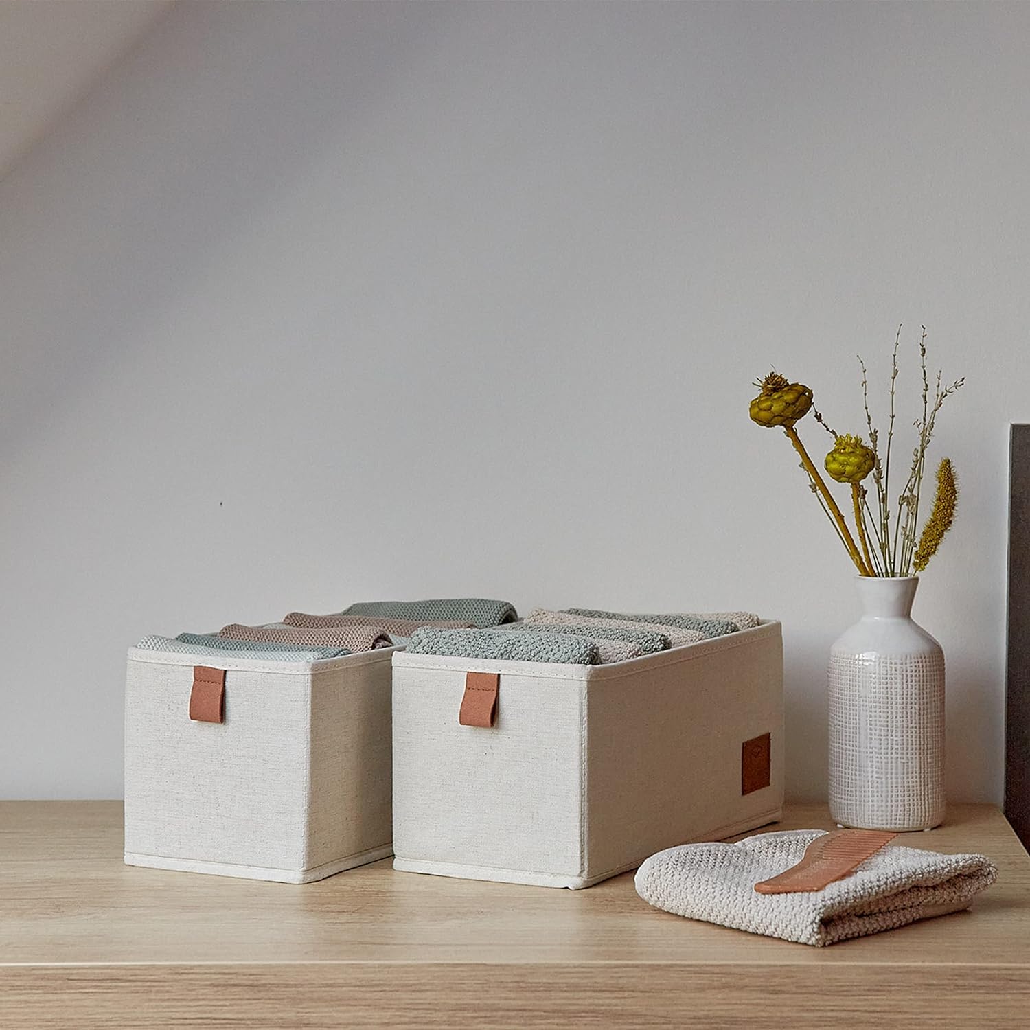 Premium Cajonera de 2 Piezas, Organizador para Armario de Tela, Beige 30cm x 15cm x 15cm