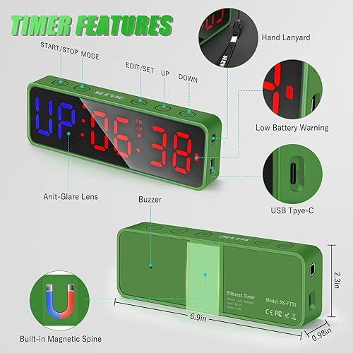 Miniatura 5 de Portable Gym Workout Timer, Fitness Clock with The Rubber Case and Built-in Magnetic Spine, Large LED Digital Anti Vertigo Display, for Home Garage