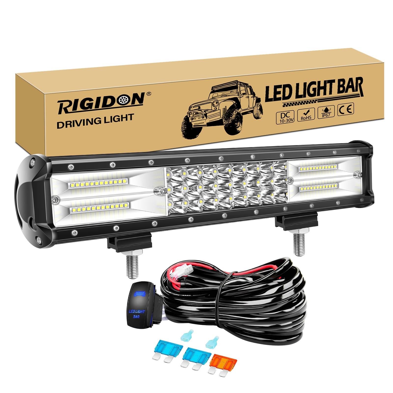RIGIDON 15-calowy 216 W reflektor roboczy LED z zestawem kabli wiązki przewodów 12 V, trójrzędowa lampa przeciwmgielna do samochodów terenowych, ciężarówek, SUV, ATV, 4 x 4, wiązka punktowa powodziowa, wodoodporna lampa do jazdy, 6000 K biała