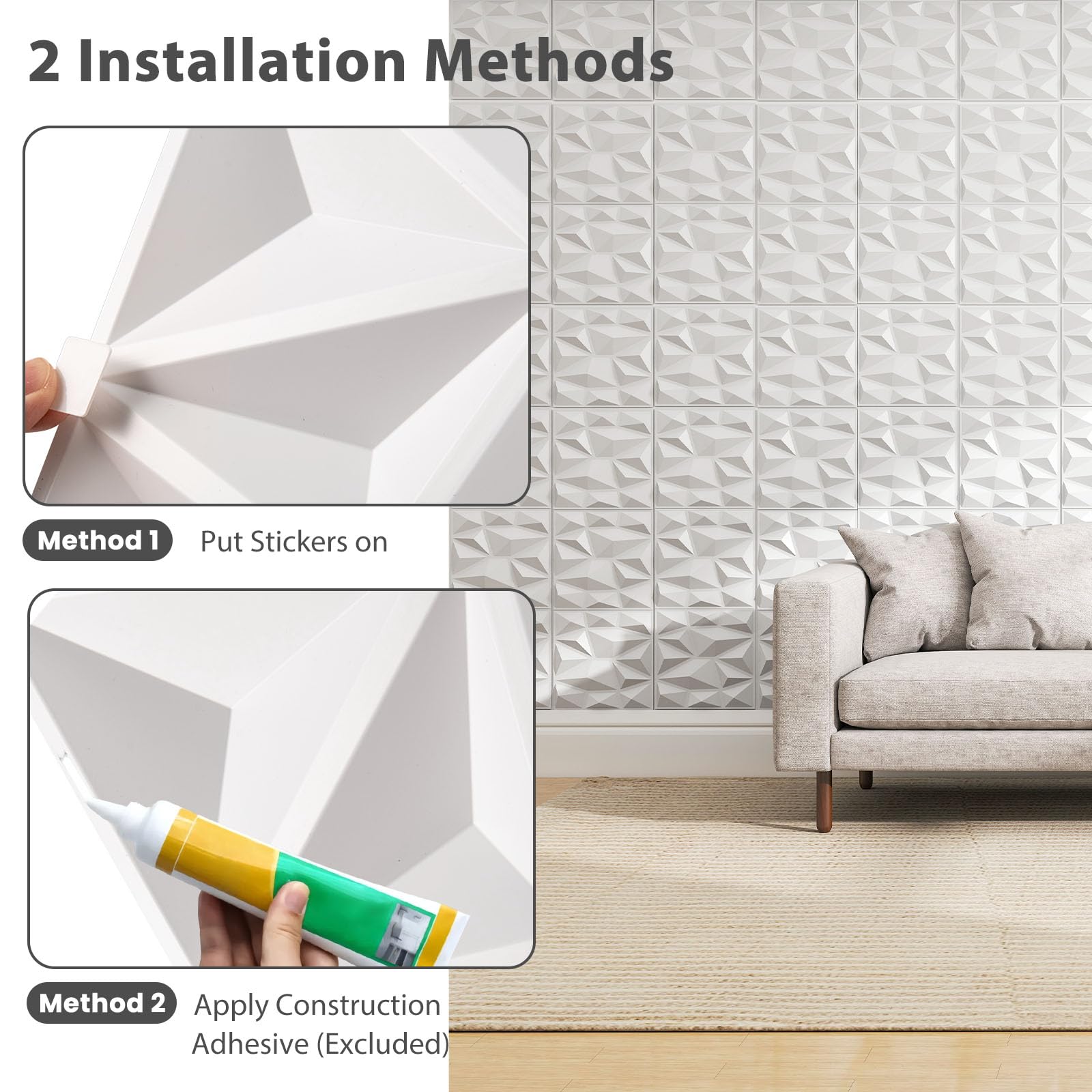 LIFEZEAL 50/100 pezzi 3D Pannelli decorativi da parete, pannelli decorativi a forma di diamante, decorazione murale DIY per interni, pannelli decorativi in PVC per soffitto e murales per casa e