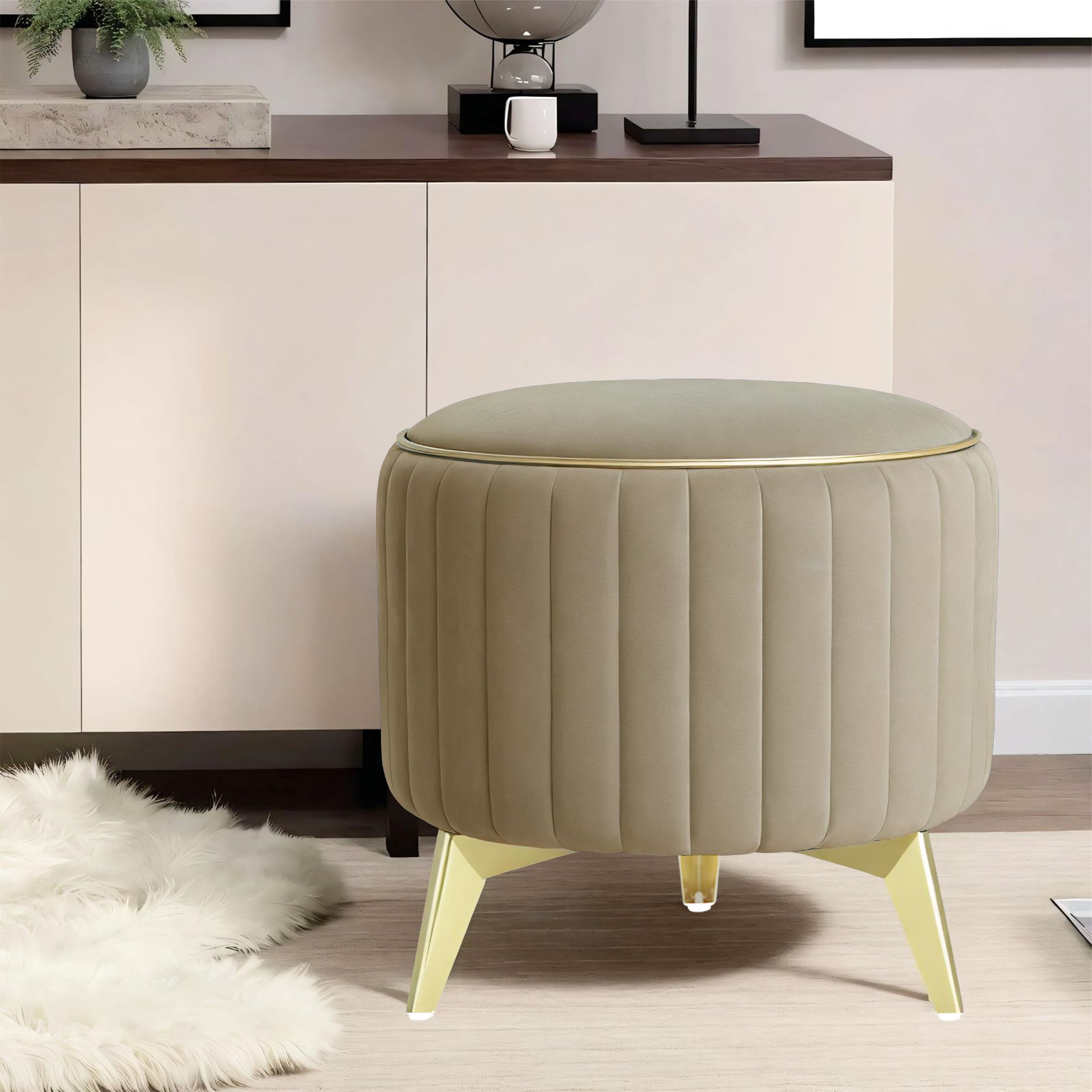 Adorn India Olivia Round 1 Seater Ottoman Pouffe Striped Pattern with Velvet Suede Fabric (Beige)-image-3
