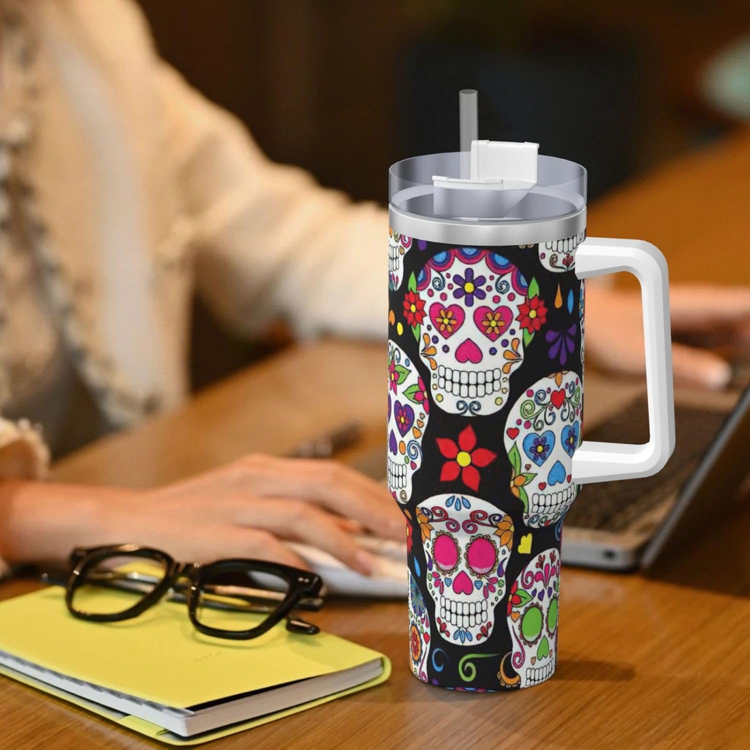 40 OZ Sugar Skulls Print Ice Bully Cup with Handle Straw Lid Straw,Stainless Steel Tumbler Coffee Cup