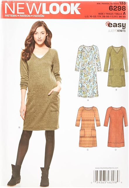 New Look Size A 10 - 12 - 14 - 16 - 18 - 20 - 22 "Easy Just 4 Knits" Sewing Pattern 6298 Misses' Knit Dress, Multi-Colour
