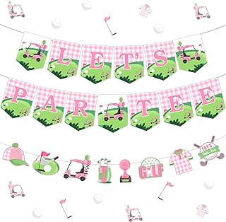 Jollyboom Golf Birthday Decorations Banner, Golf Let’s Par-tee Happy Birthday Banner Garland Pink Birthday Party Decoration for Girl Sports Theme Party Baby Shower
