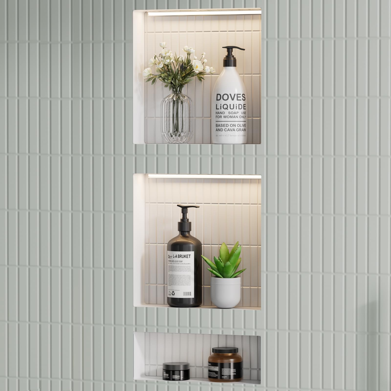 Uni-Green Led Light Shower Niche, 16"X34"(16"x14"+16"x20") Niche Insert Tile Ready,Set of Two Organizer,Recessed Wall Shelf for Bathroom Storage, with