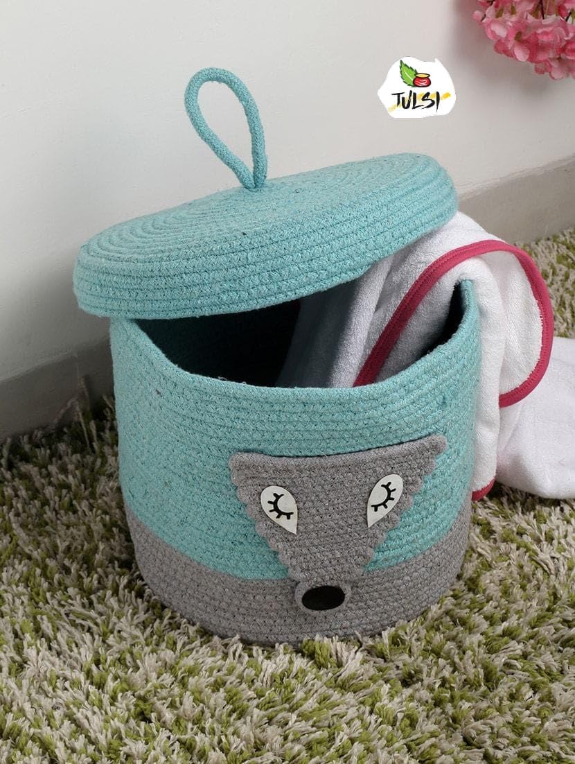 DOLCE CASA Kids Lid Basket With Beautiful Characters - Rope Storage Basket For Baby Diaper, Stuffed Animal Storage Bin Rope Basket For Kids Toy, Baby Laundry Baskets with Lid. (Blue Fox)