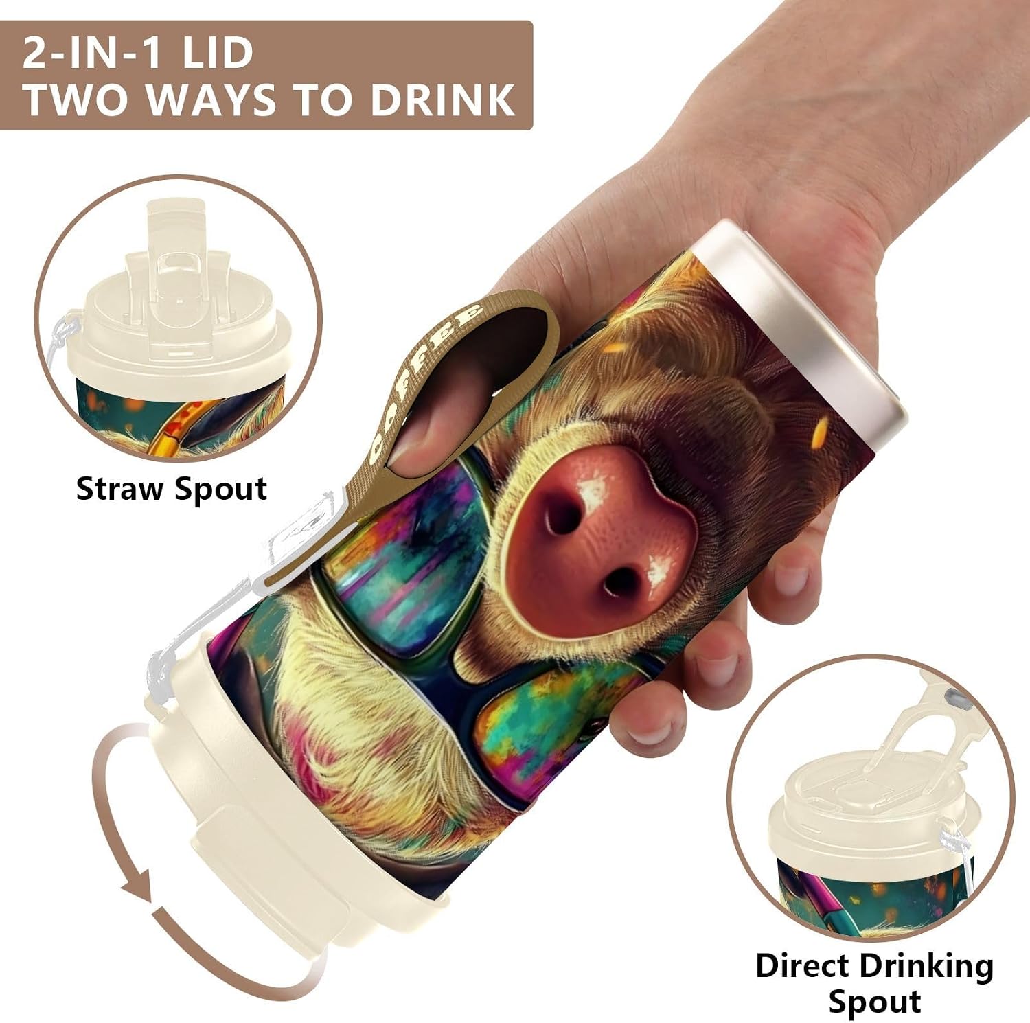 Insulated Coffee Mug Pig Cool Art with Straw & Flip Lid, 16.9oz Iced Tumbler Cup, Double Wall Vacuum Mug for Travel Office Camping