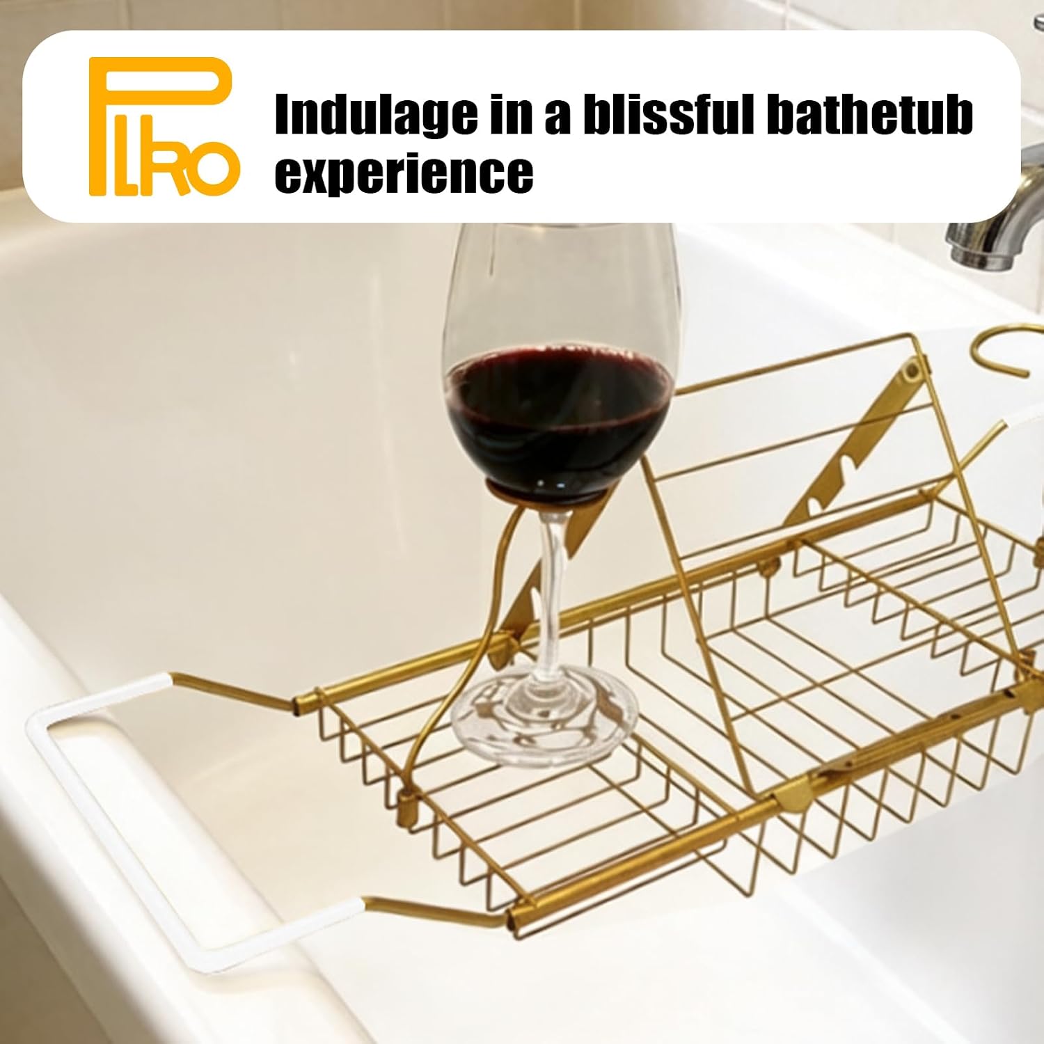 Bathtub Caddy Tray, Expandable Bath Tub Table with Removable Book Holder Red Wine Rack Holder, for Home Kitchen Bathroom,Gold