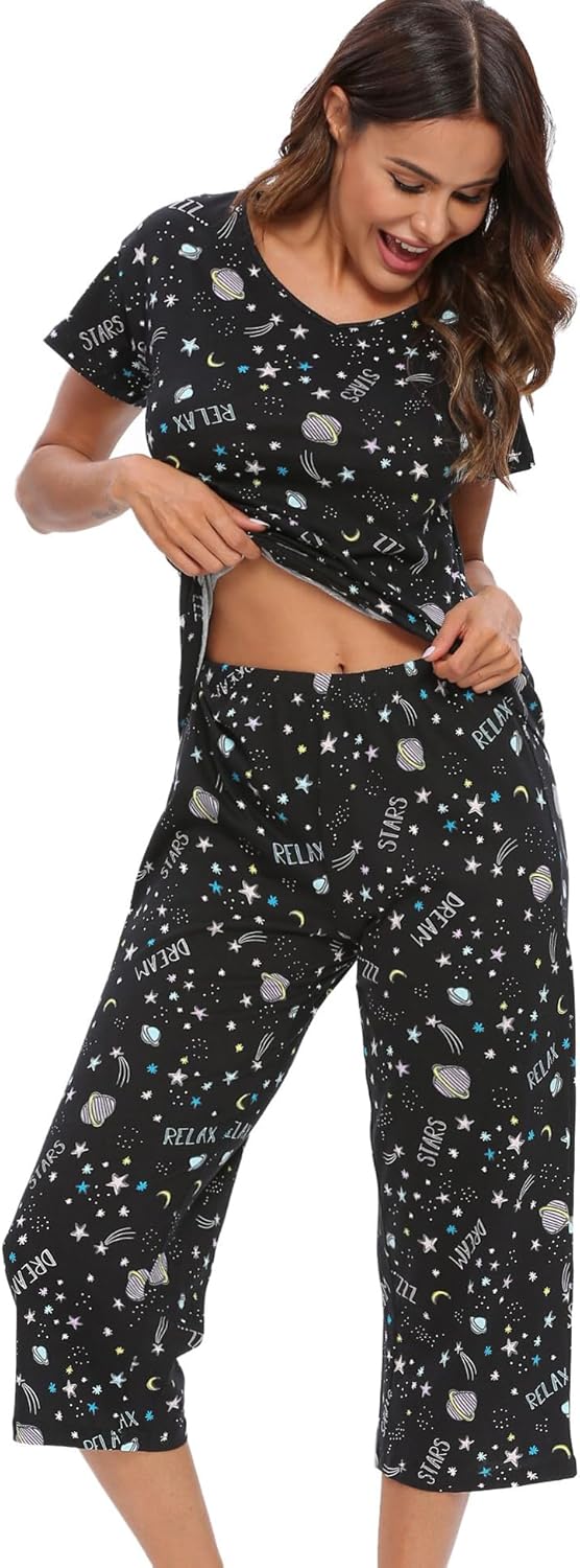 ENJOYNIGHT Womens Pajama Sets Cotton Pj Set Short Sleeve Top With Capri Pants Sleepwear 2 Piece Lounge Set - Image 6