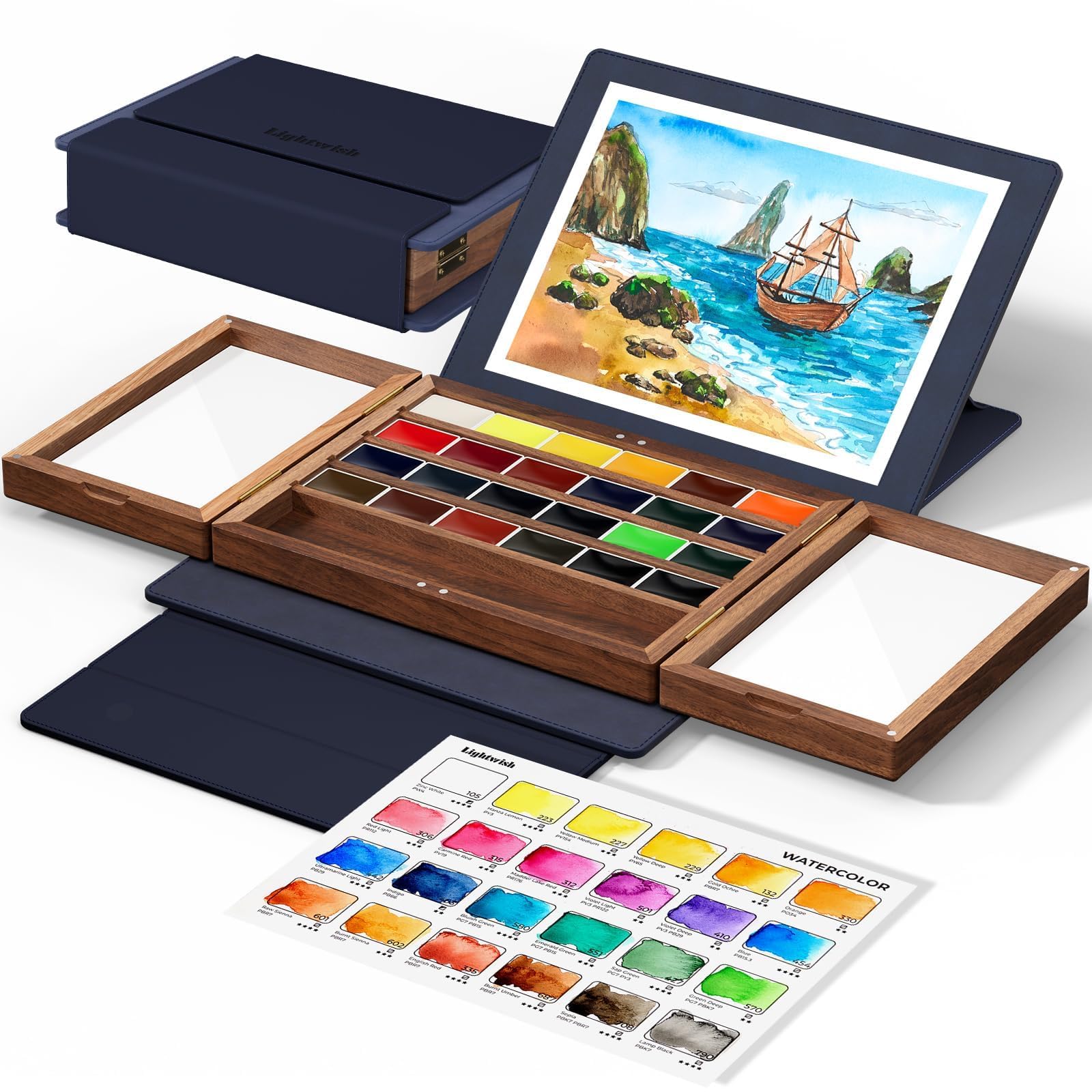 LIGHTWISH Watercolour Painting Set with 24 Vivid Colours, Adjustable Walnut Wood Palette & Leather Case | Portable Travel Watercolor Kit for Artists, Adults, Beginners, Students, Blue