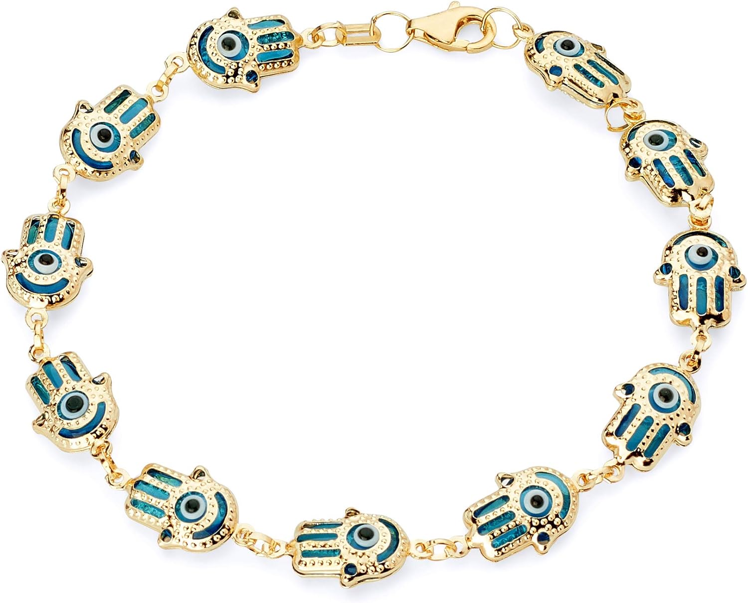 14k REAL Yellow Gold Hamsa Blue/Multi Color Evil Eye Bracelet - 7.5"