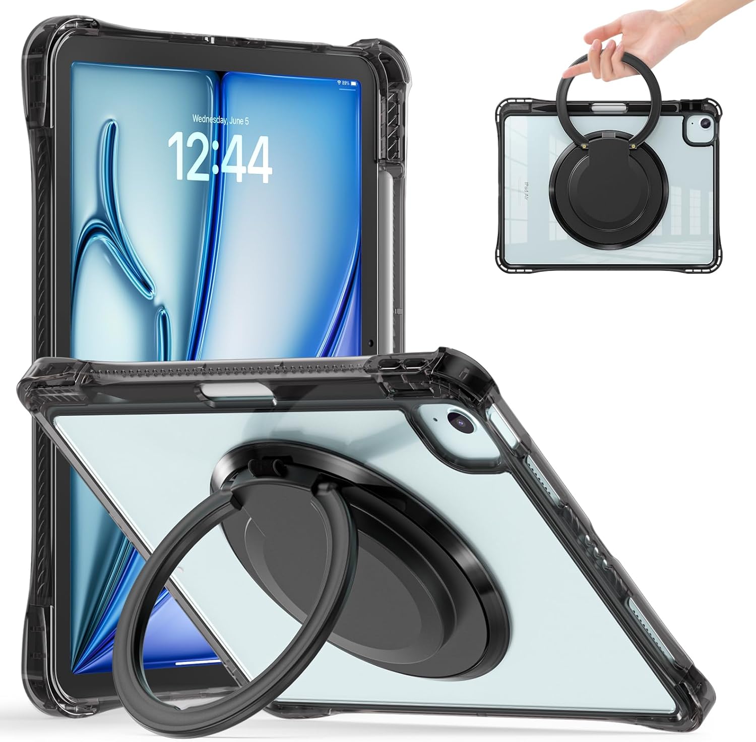 Tuiklol for iPad Air 11 inch 2026 2025 2024 / iPad Air 10.9 inch 2022 2020 / iPad Pro 11 inch 2022 2021 2020 2018 Protector Rotate Stand Clear Back Cover, Clear Black