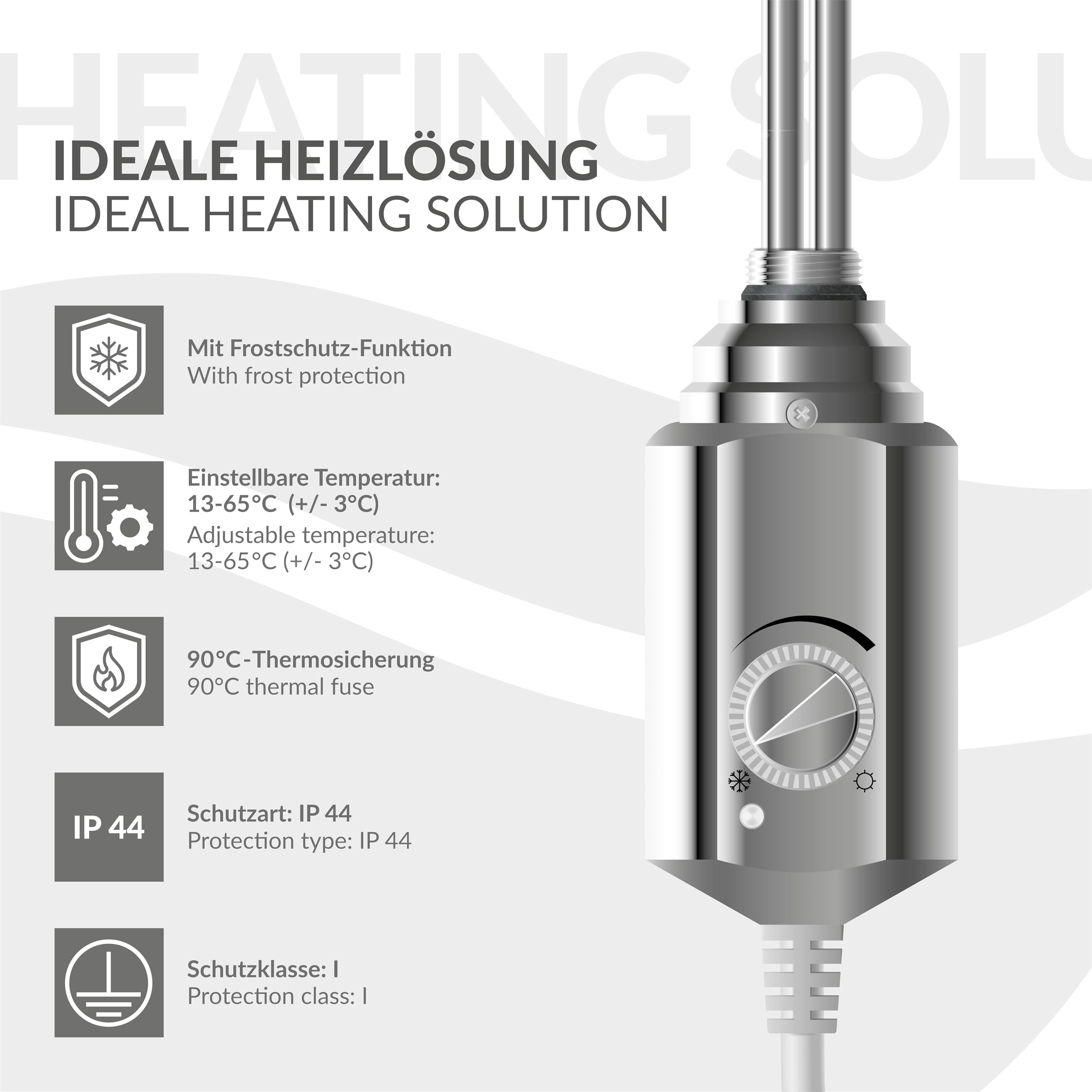 ECD Germany Termostato Regulador de Temperatura para Radiadores de Baño 300 W Barra Calefactora Eléctrico 1/2" Cromado Acero Inoxidable Elemento Calefacción Varilla para Calefactores