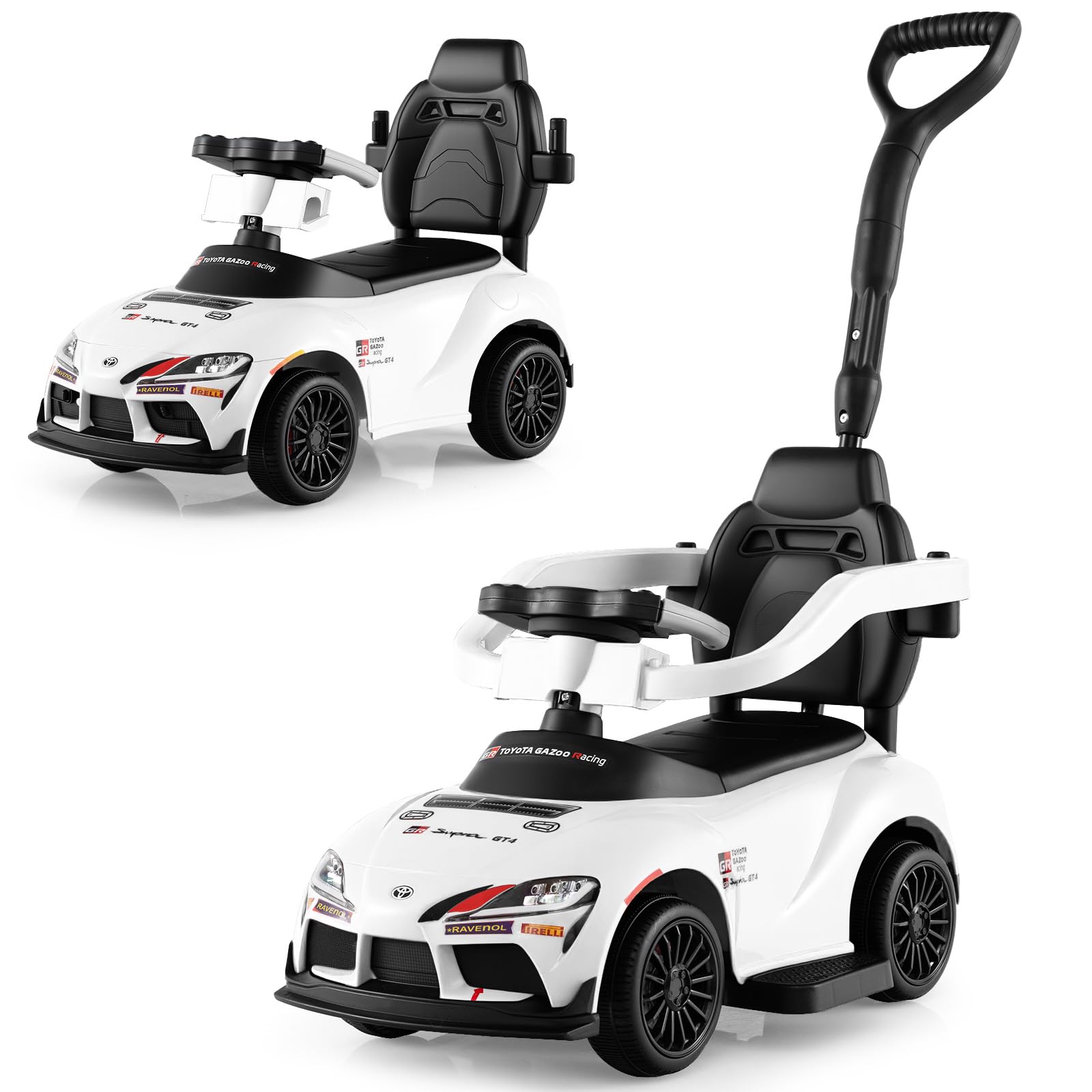 Licensed Toyota Ride on Push Car by OLAKIDS, 3 in 1 Toddlers Sliding Walking Toy with Parent Control Handle, Removable Guardrails, Underneath Storage (White)