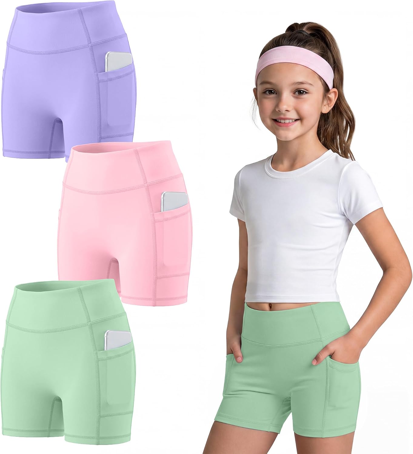 3 Pack Girls Biker Shorts with Pockets | Girls Bike Shorts, Gymnastics Shorts for Girls, Ages 5-14, High Waisted Activewear, Volleyball Bottoms, Dance Cheer Clothes