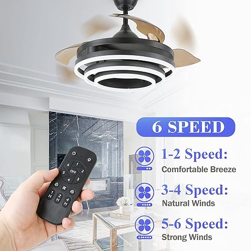Miniatura 3 de Bella Depot Ventilador de techo retráctil con luces y control remoto, ventilador retráctil de 42 pulgadas, motor de CC de 6 velocidades, cuchillas