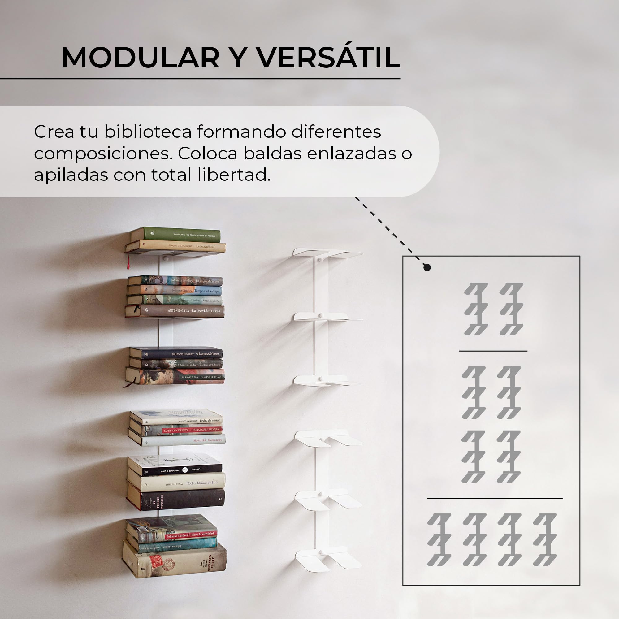 MILUKA Libreria Estanteria Pared Libros 35 cm, Pack 2 Columnas en Vertical | Libreria modular Invisible, 6 Estantes, Estantería Flotante para Libros en metal blanco, Librero pared moderno, biblioteca