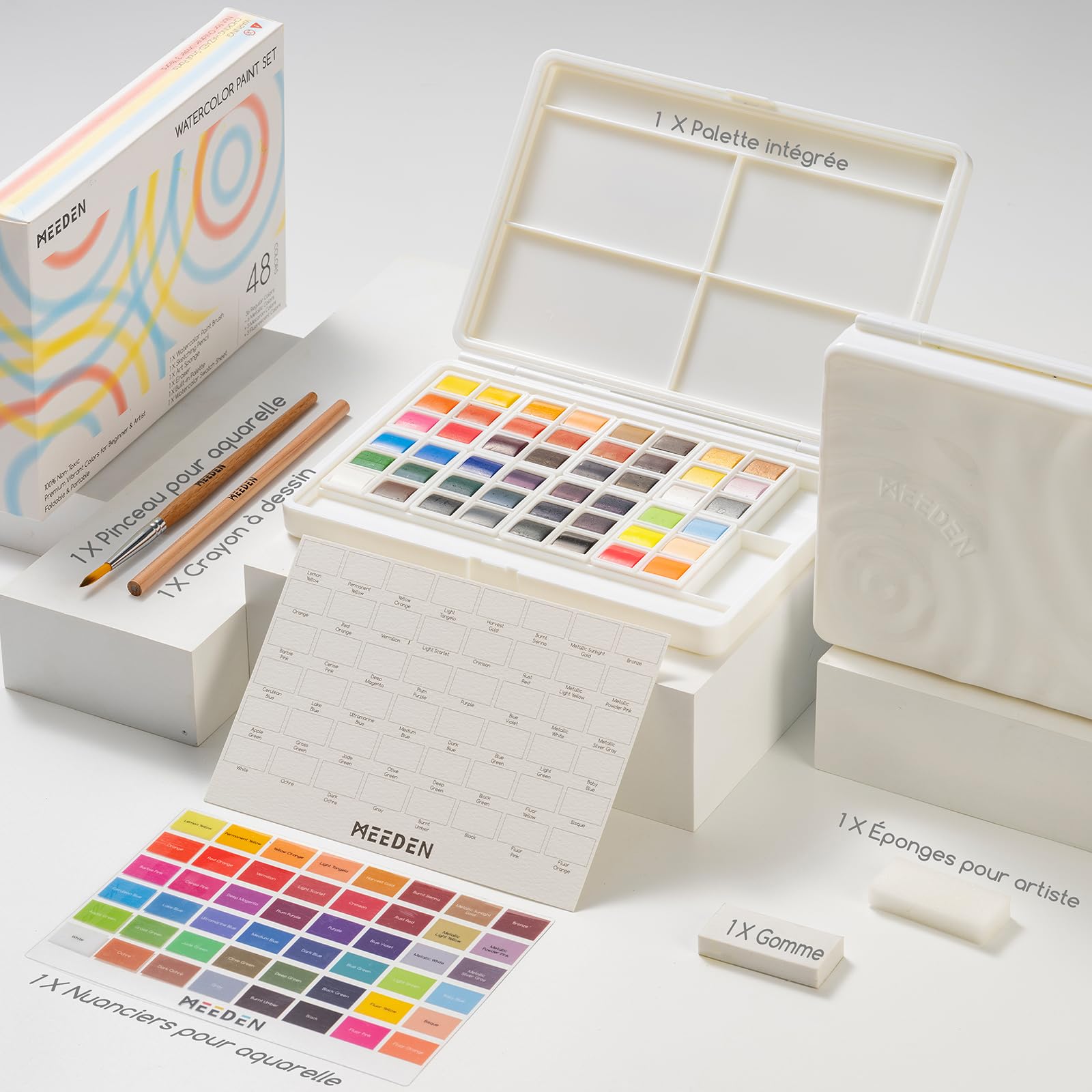 MEEDEN Set de peintures aquarelle 48 couleurs, ensemble de peintures à l'eau avec blocs amovibles, palette et accessoires aquarelle, set de peintures pour artistes débutants et professionnels