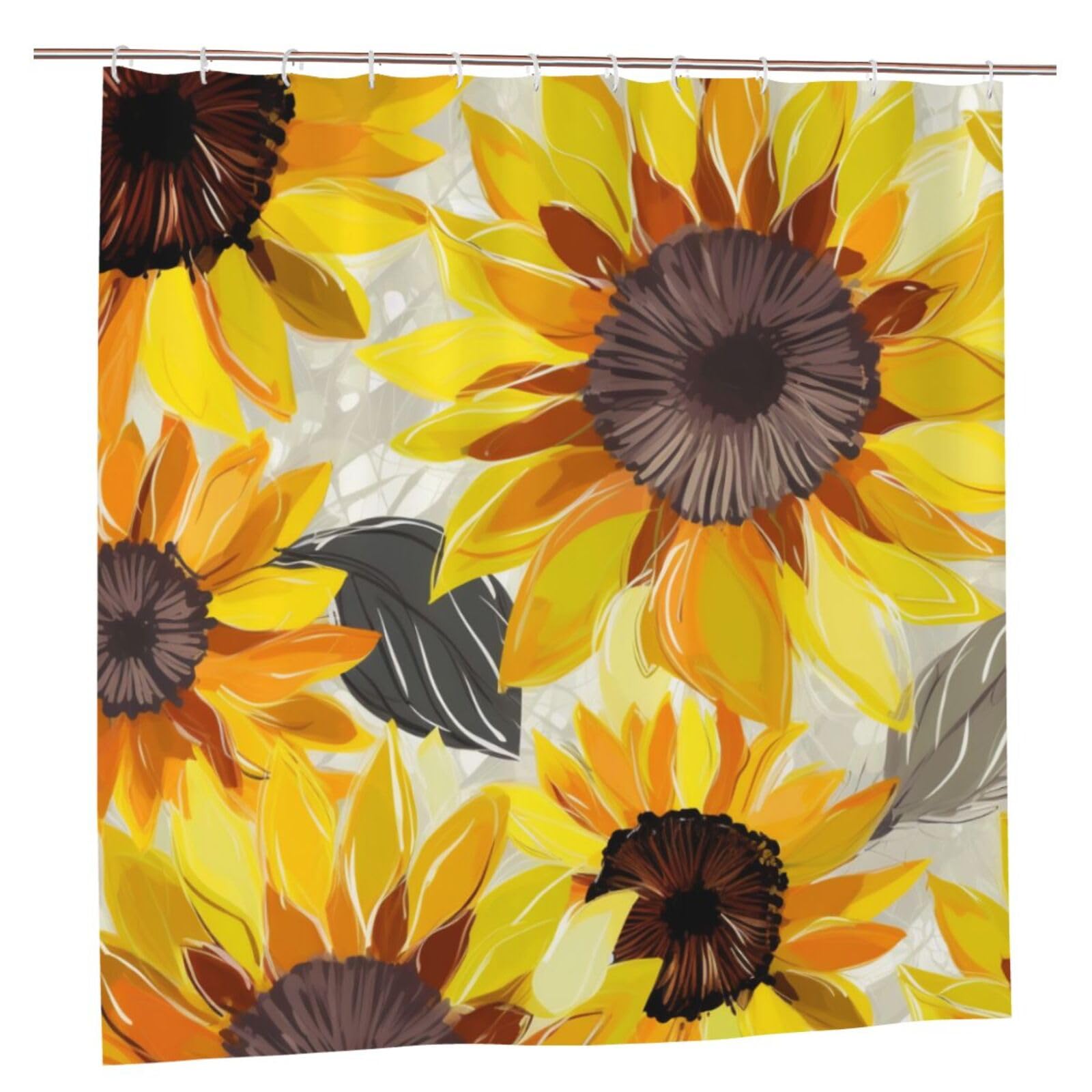 BWWHCCTI Abstract Sunflowers Printed Shower Curtain With 12 Plastic Hooks Opaque Quick Drying Waterproof Shower Curtains Sets For Bathroom 183x183 CM