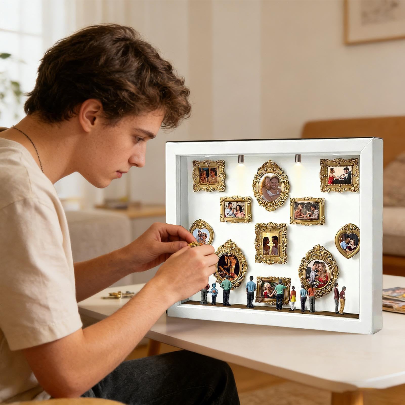 Genérico De Silueta De Mini Museo, Estuche De Fotos De Recuerdo Con Luz LED, 11 Piezas De Marcos Miniaturas Con 8 Figurillas, Para Decoración Del Hogar, Bodas Y Cumpleaños Familiares